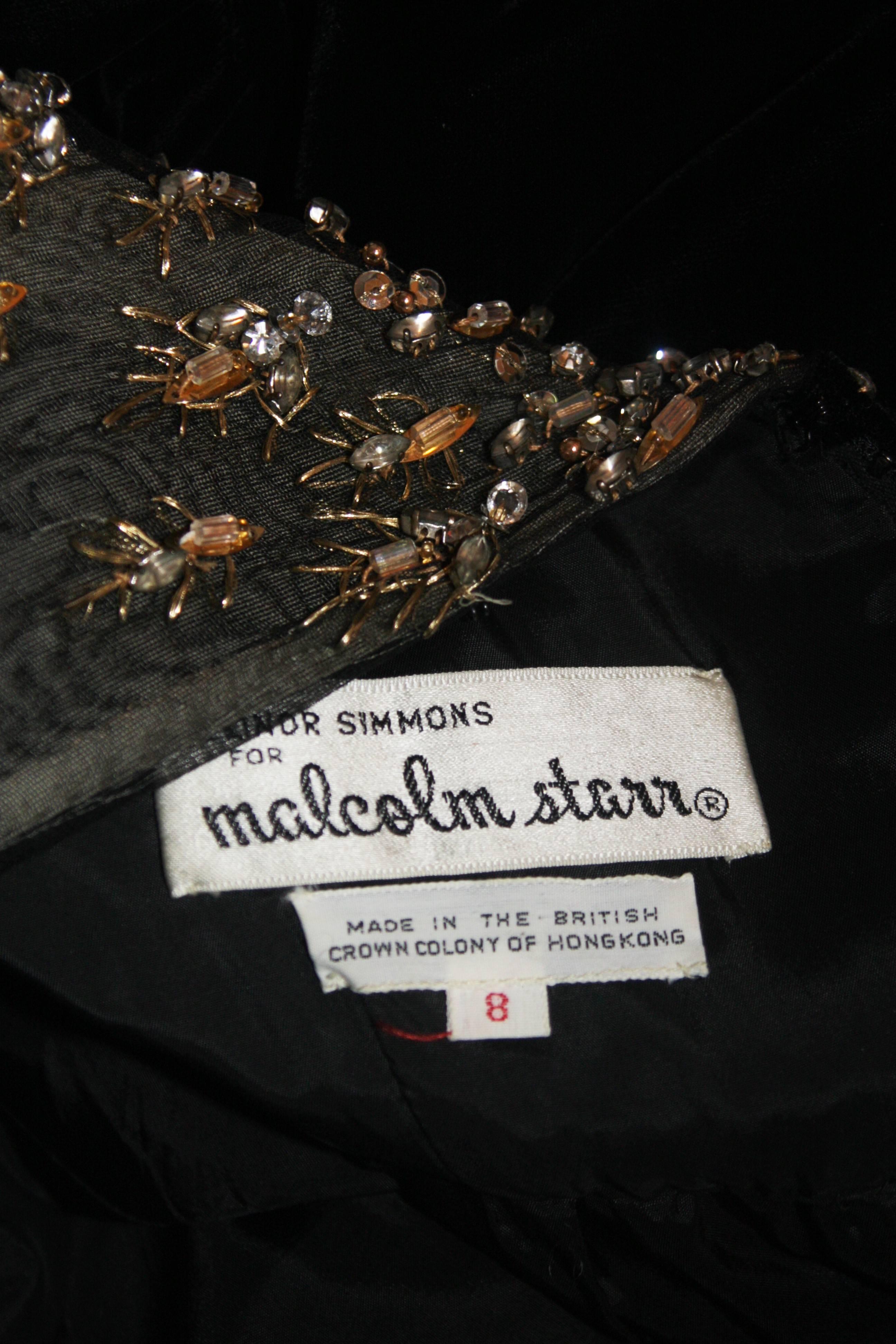 MALCOLM STARR Black Velvet Gown with Sheer Neckline & Rhinestone Applique Size 8 5