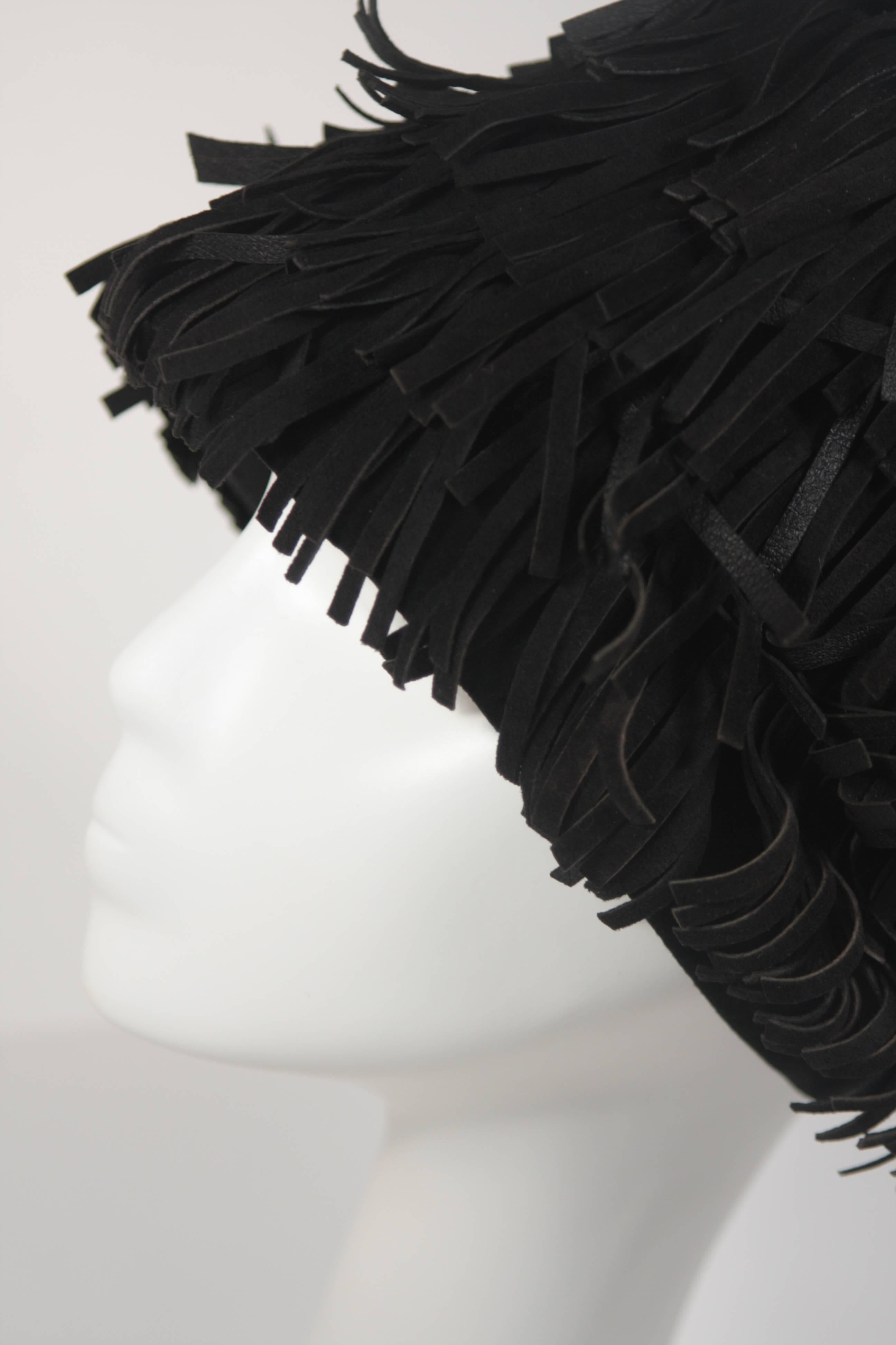 Women's YVES SAINT LAURENT RIVE GAUCHE Black Suede Fringe Hat Size 58