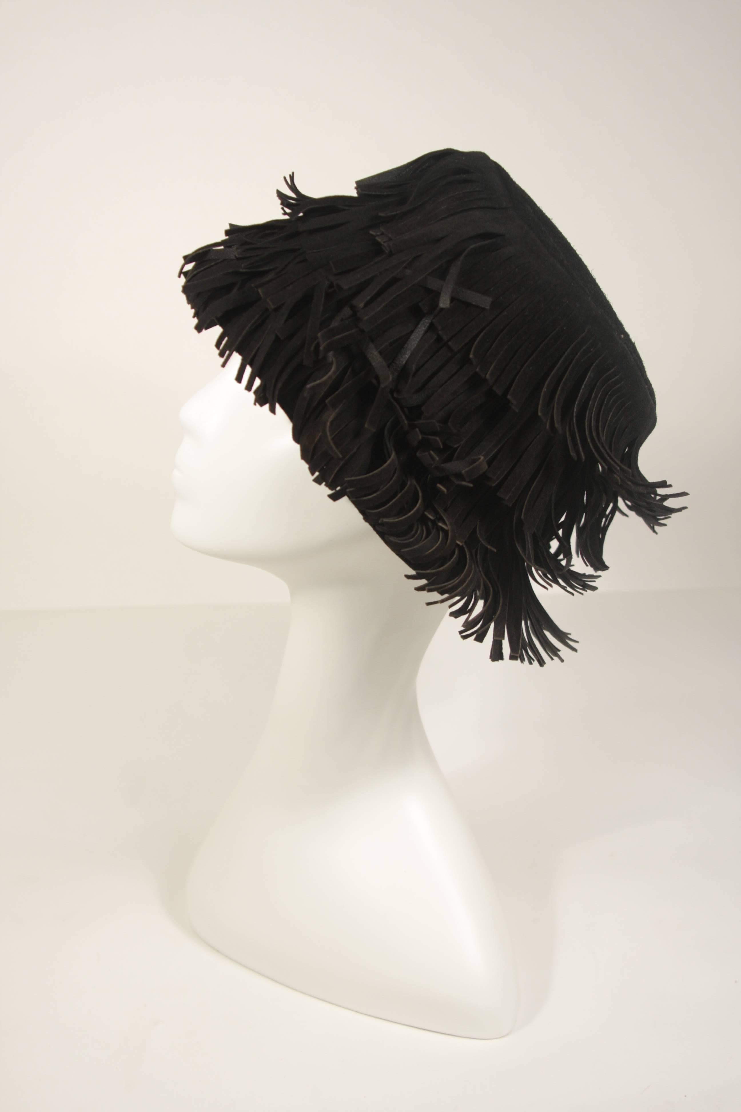 YVES SAINT LAURENT RIVE GAUCHE Black Suede Fringe Hat Size 58 In Excellent Condition In Los Angeles, CA