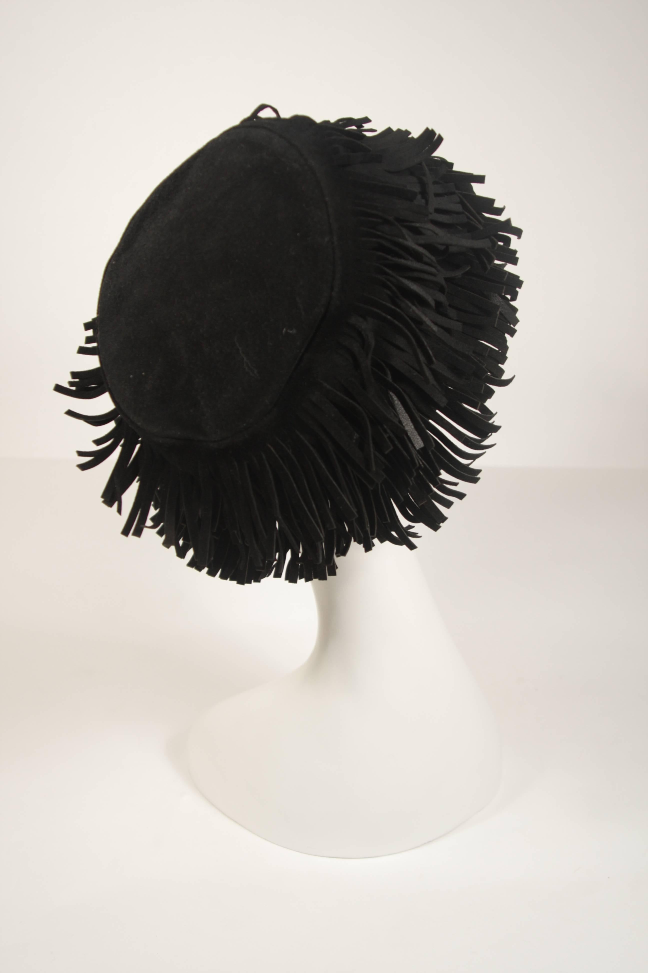 YVES SAINT LAURENT RIVE GAUCHE Black Suede Fringe Hat Size 58 2