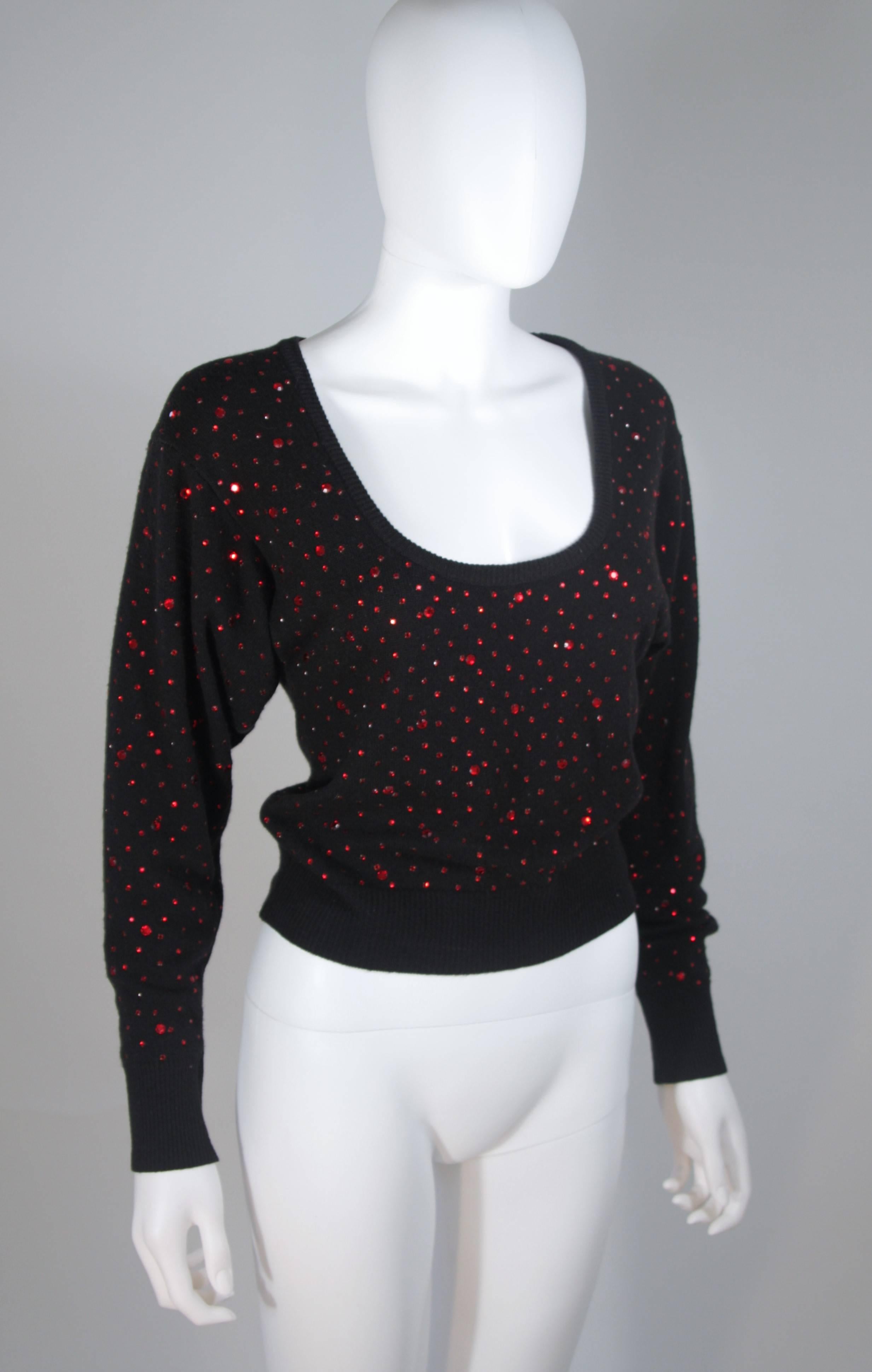 NEIMAN MARCUS Black Wool Knit Sweater with Red Rhinestone Applique Size M/L In Fair Condition For Sale In Los Angeles, CA