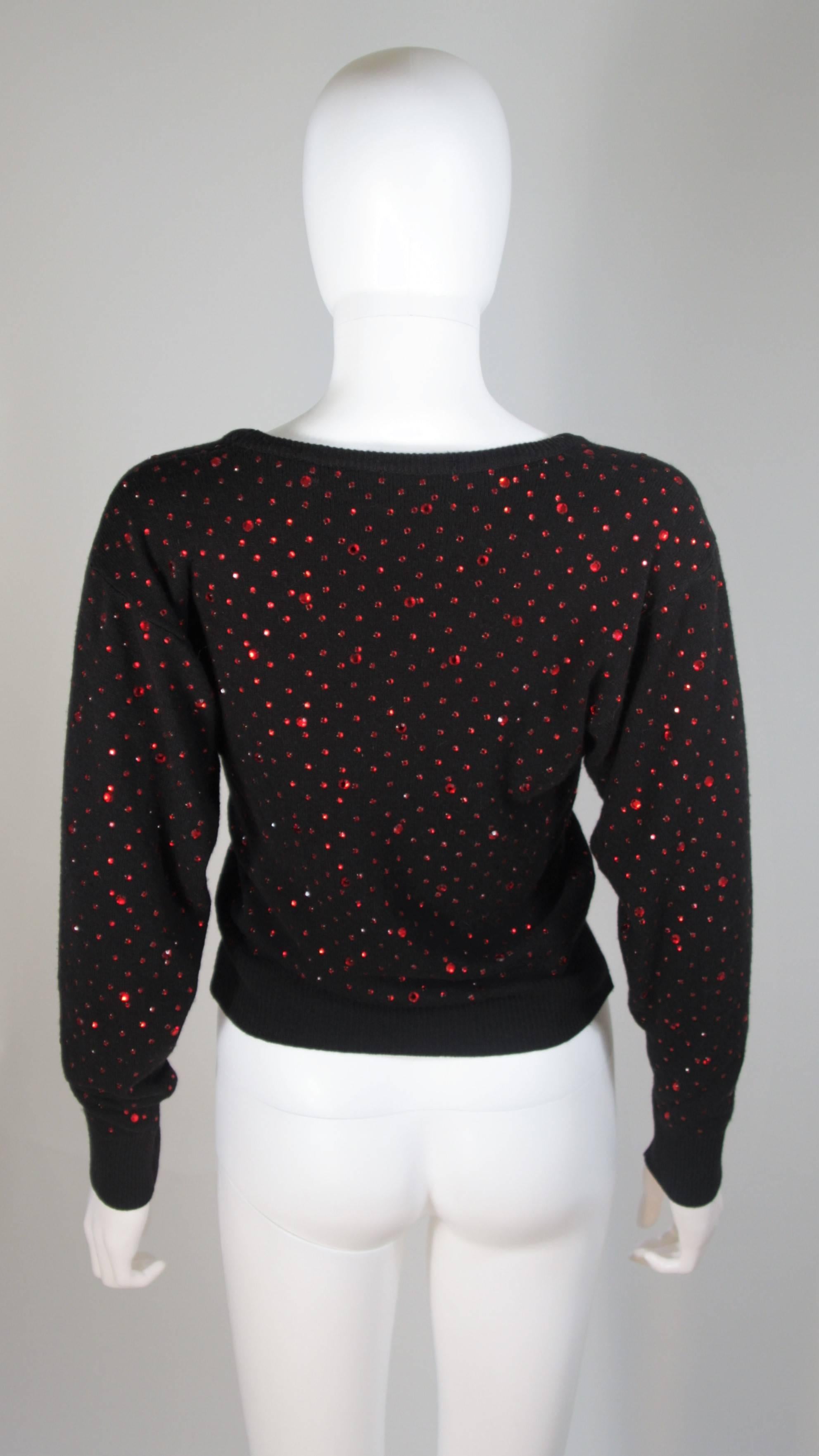 NEIMAN MARCUS Black Wool Knit Sweater with Red Rhinestone Applique Size M/L For Sale 1