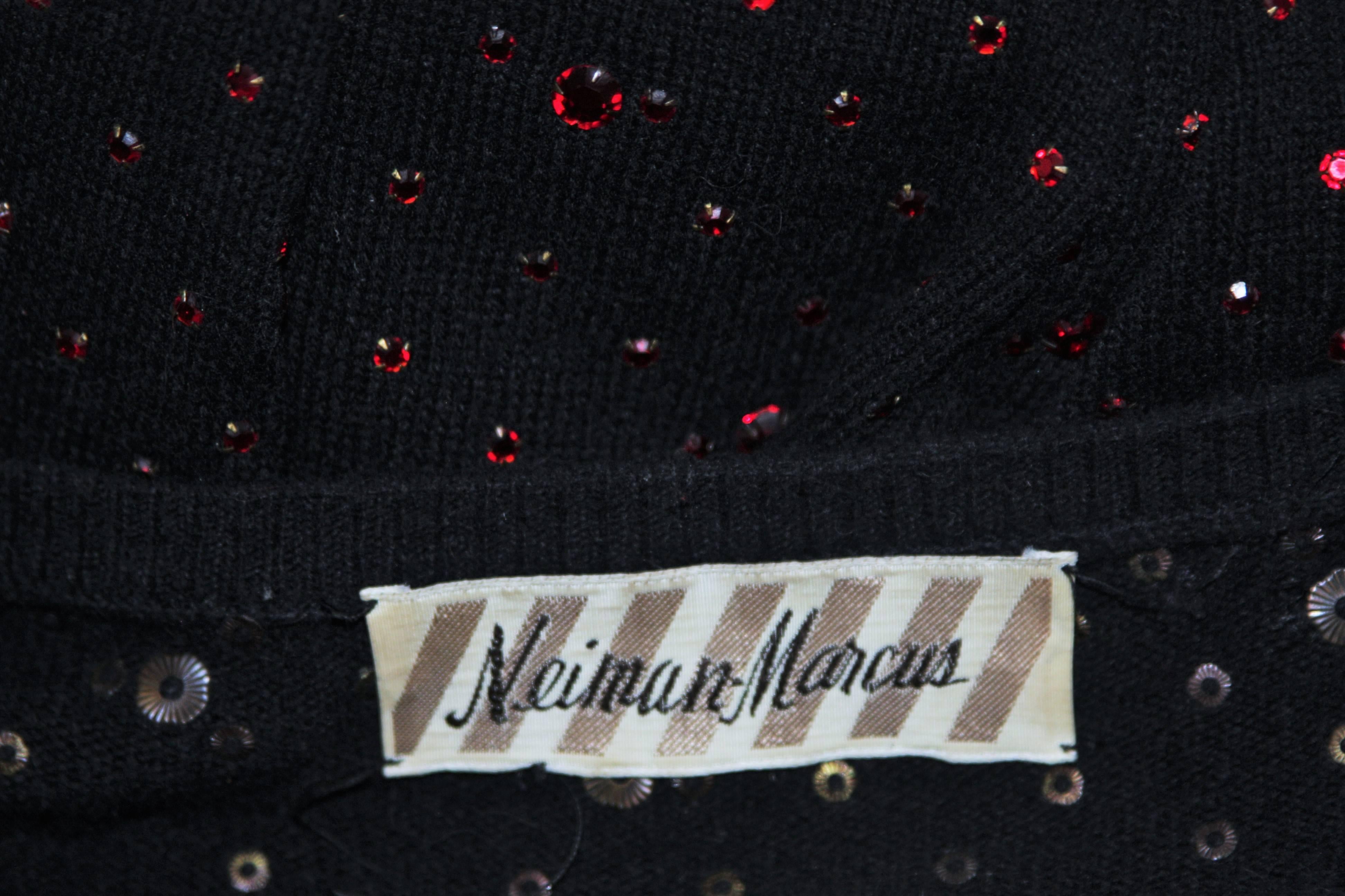 NEIMAN MARCUS Black Wool Knit Sweater with Red Rhinestone Applique Size M/L For Sale 2