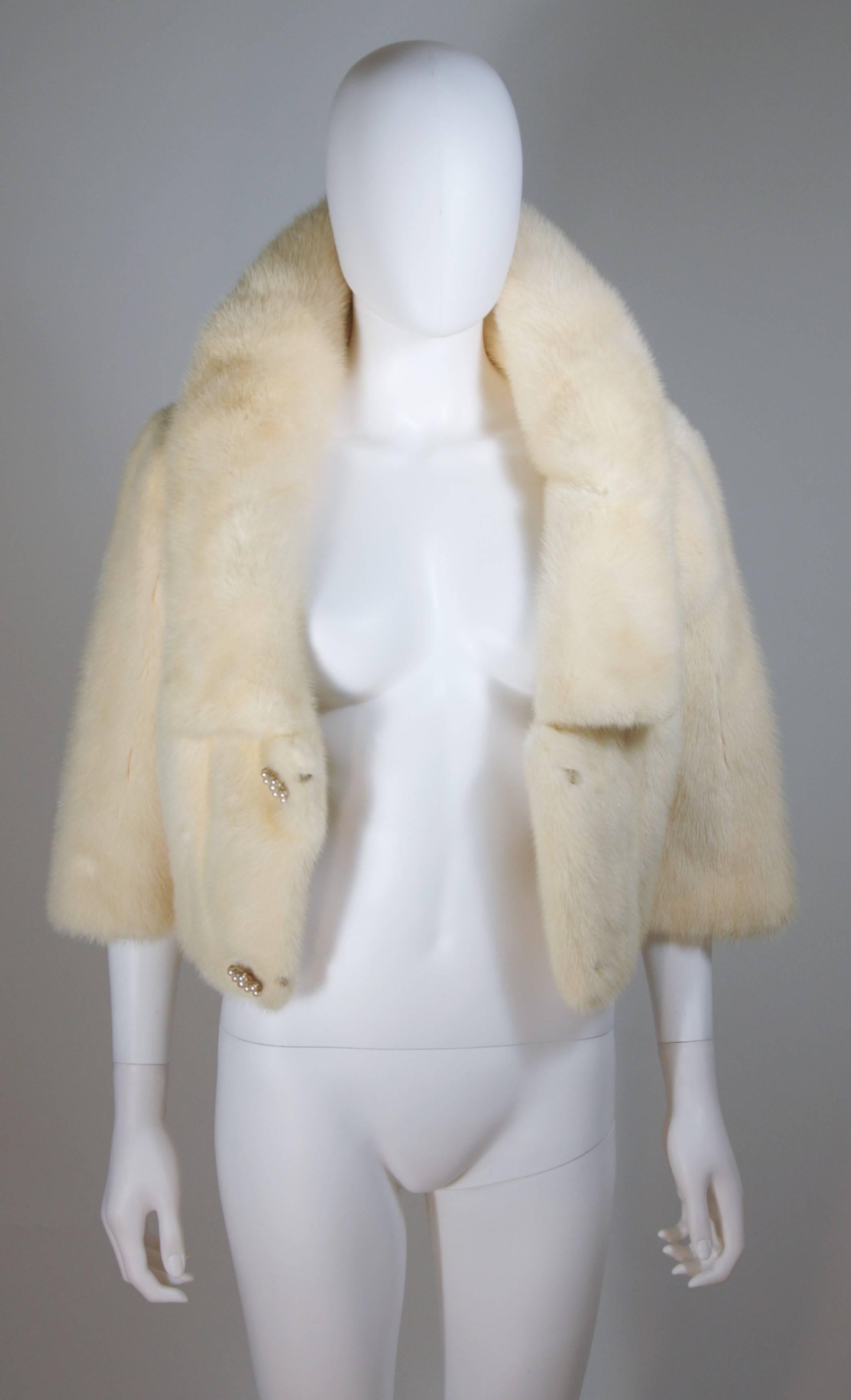 OLEG CASSINI Cream Mink Jacket with Rhinestone & Faux Pearl Buttons Size 6-8 For Sale 4