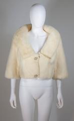 OLEG CASSINI Cream Mink Jacket with Rhinestone & Faux Pearl Buttons Size 6-8