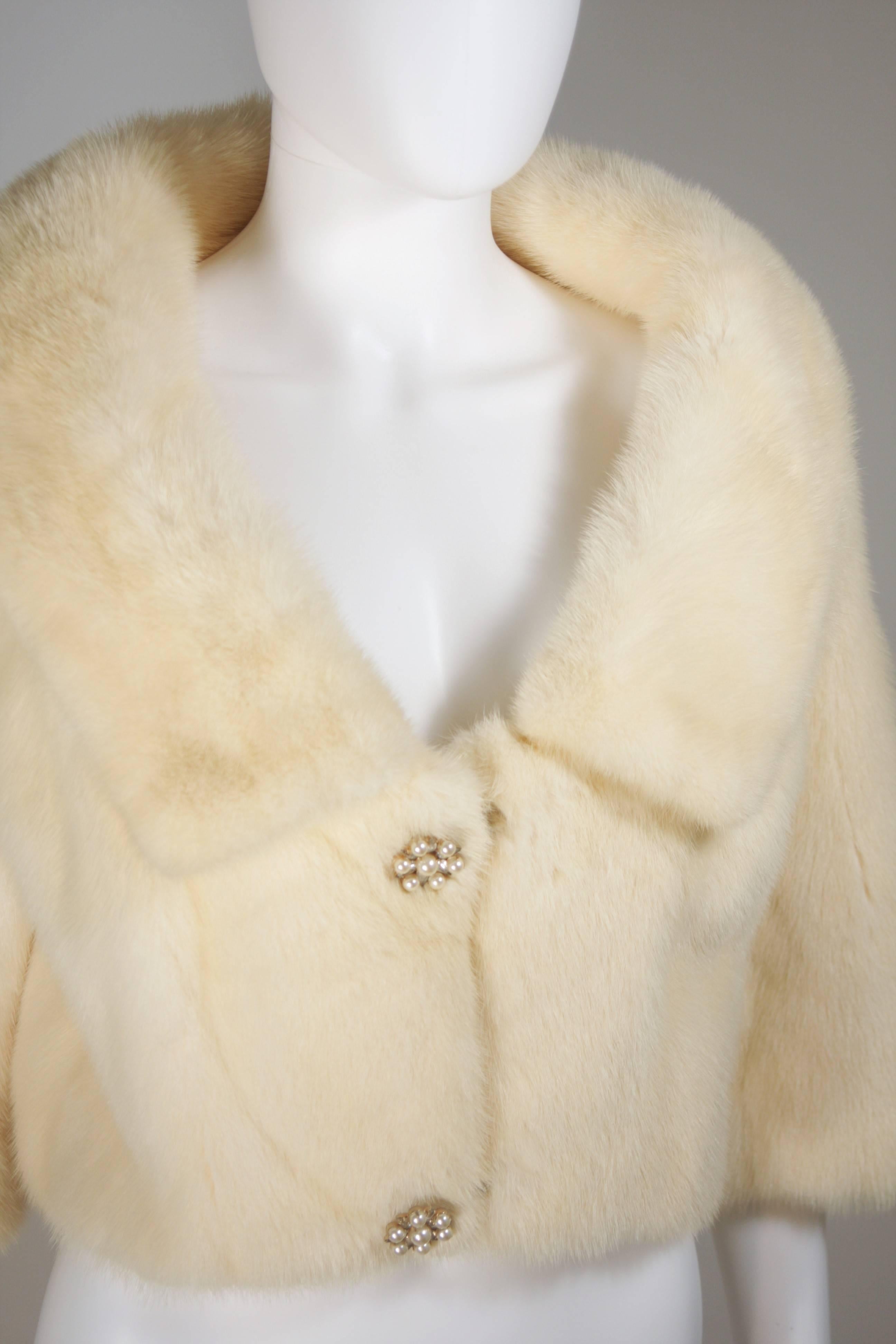 Beige OLEG CASSINI Cream Mink Jacket with Rhinestone & Faux Pearl Buttons Size 6-8 For Sale