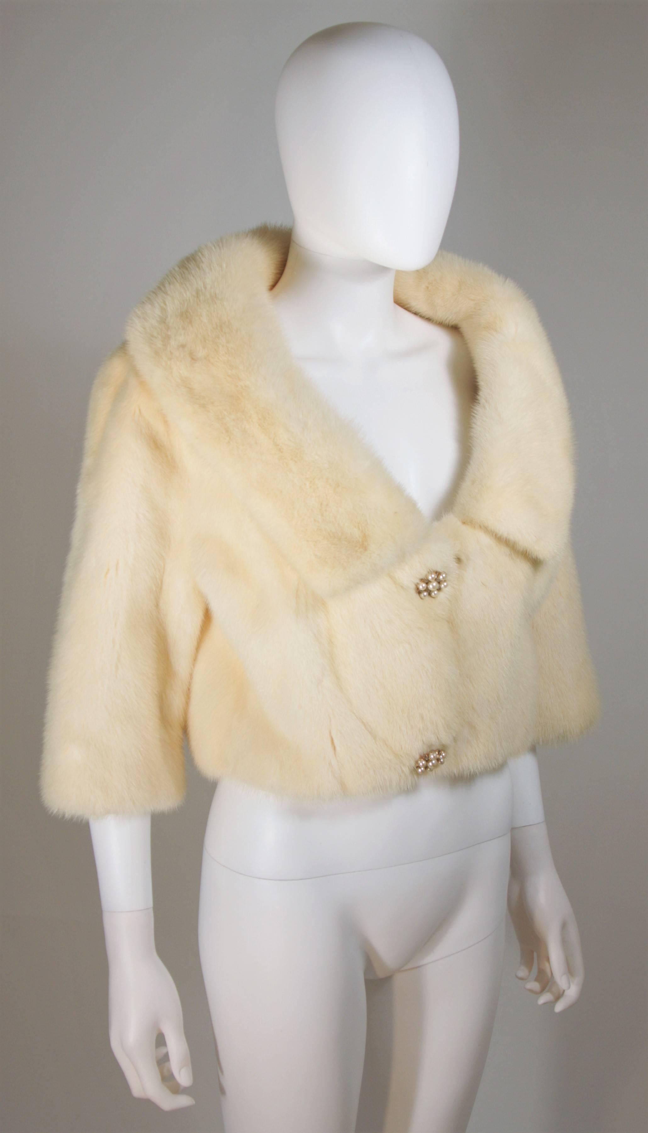 Women's OLEG CASSINI Cream Mink Jacket with Rhinestone & Faux Pearl Buttons Size 6-8 For Sale