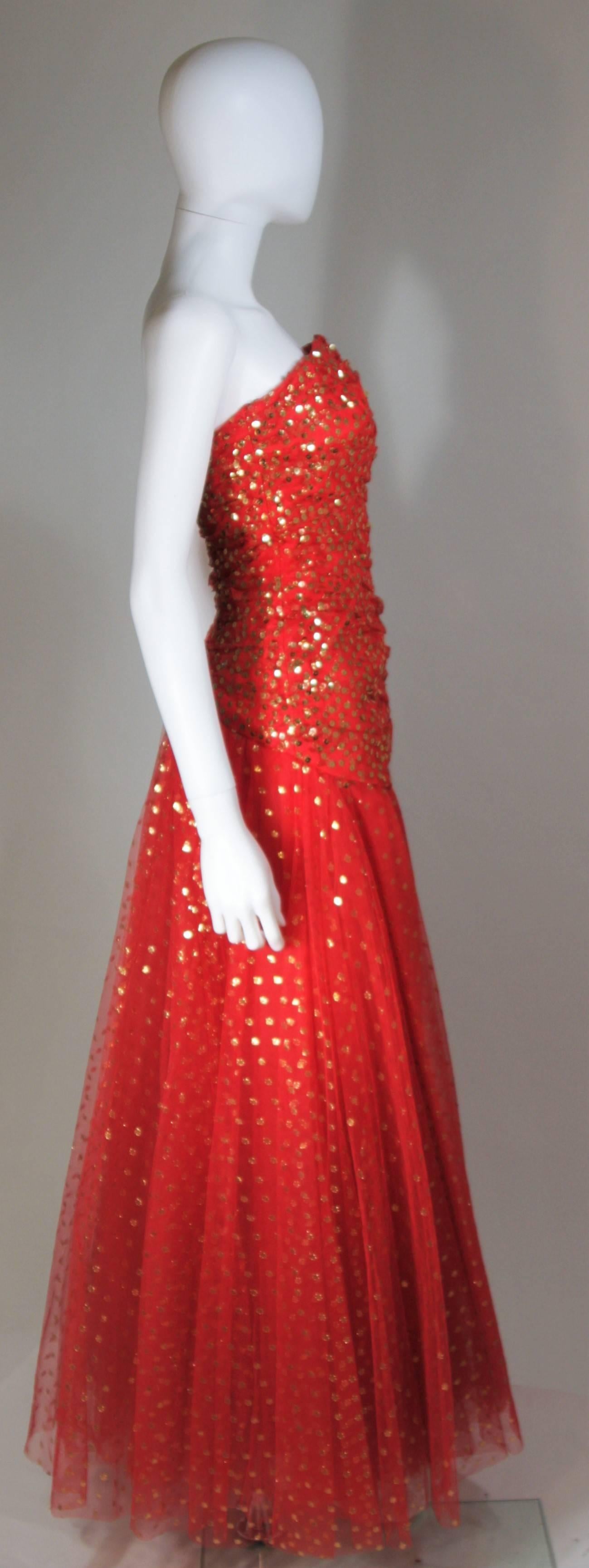 VICTOR COSTA Red Layered Mesh Gown with Gold Sequins Size 8 In Excellent Condition For Sale In Los Angeles, CA