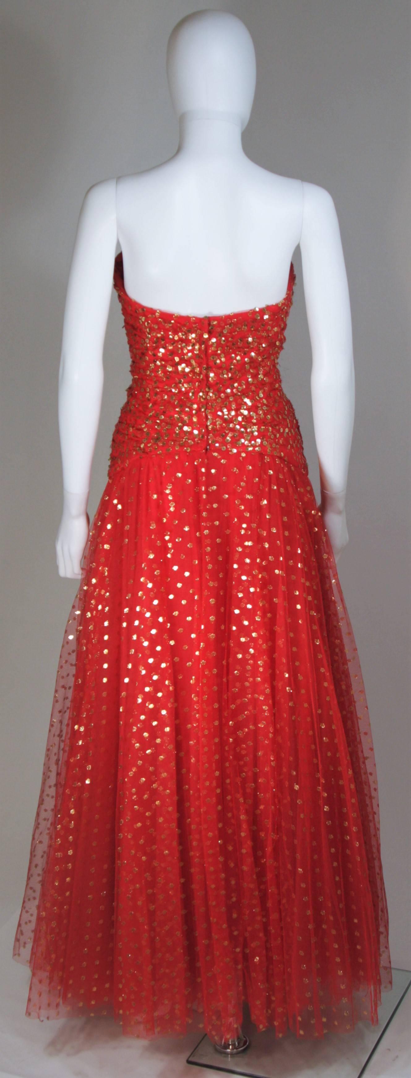 Women's or Men's VICTOR COSTA Red Layered Mesh Gown with Gold Sequins Size 8 For Sale