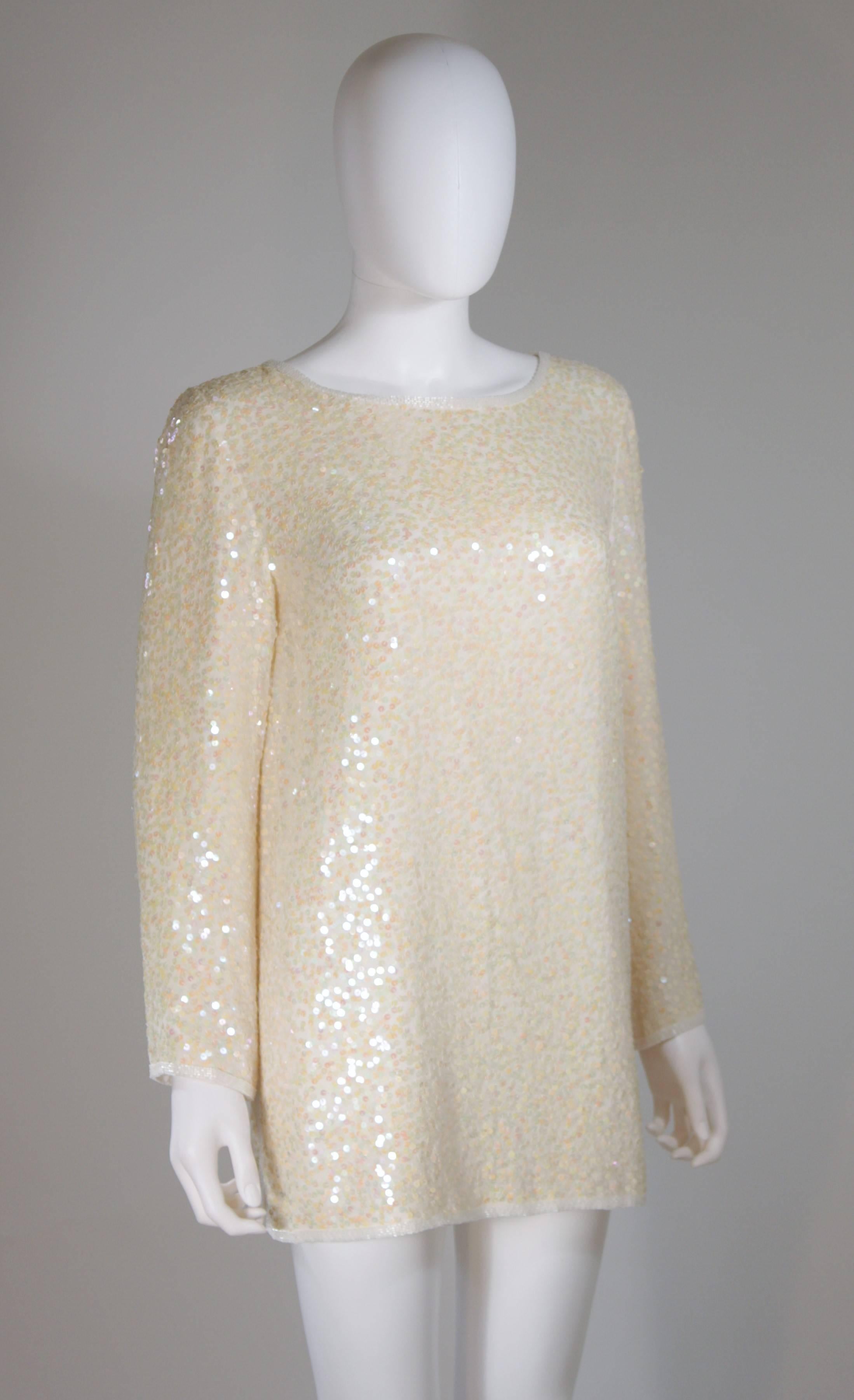 OLEG CASSINI Off White Silk Iridescent Sequin Embellished Tunic Size 6 1