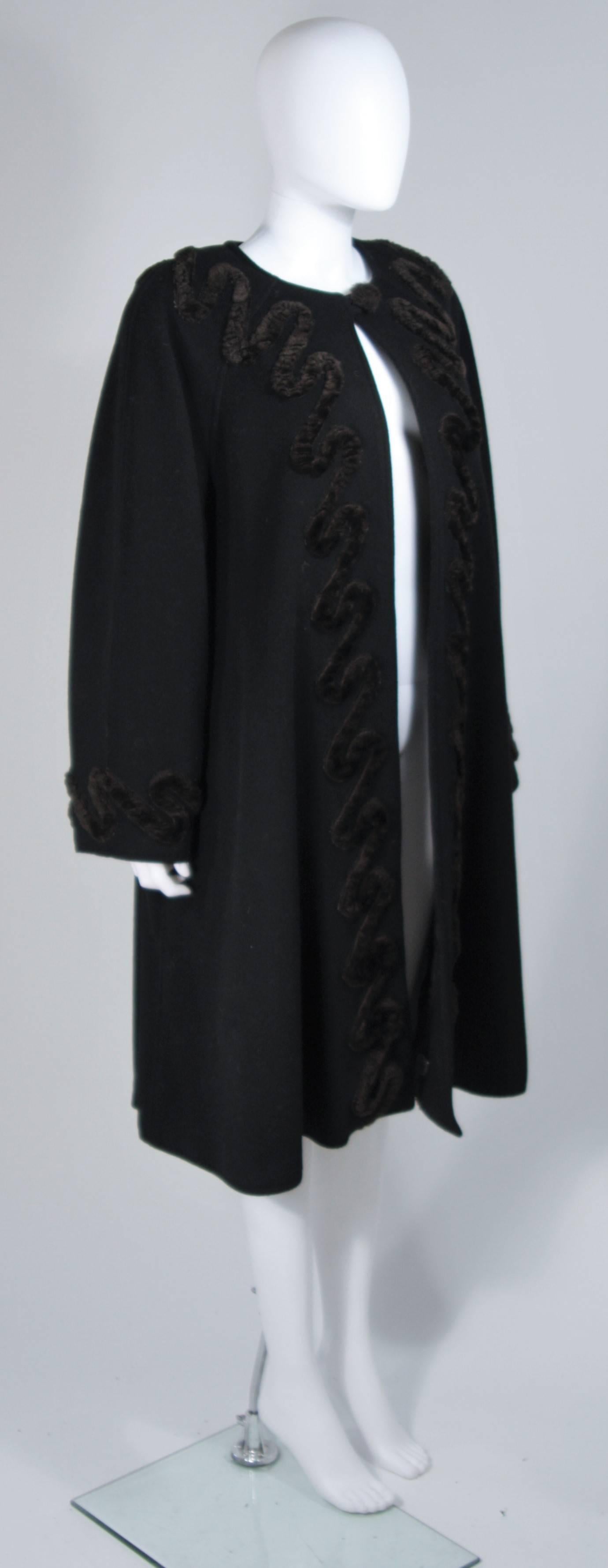 FENDI Circa 1980's Black Lana Wool with Faux Fur Applique Coat Size 42 For Sale 1