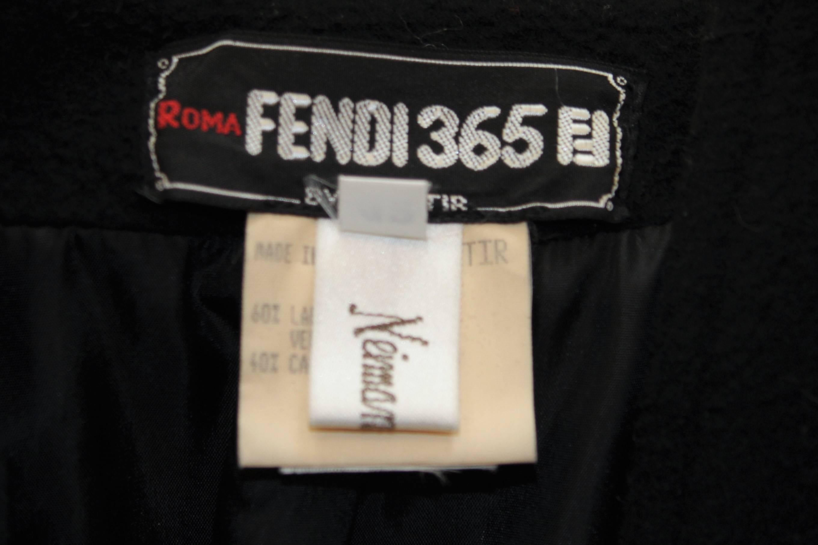 FENDI Circa 1980's Black Lana Wool with Faux Fur Applique Coat Size 42 For Sale 6