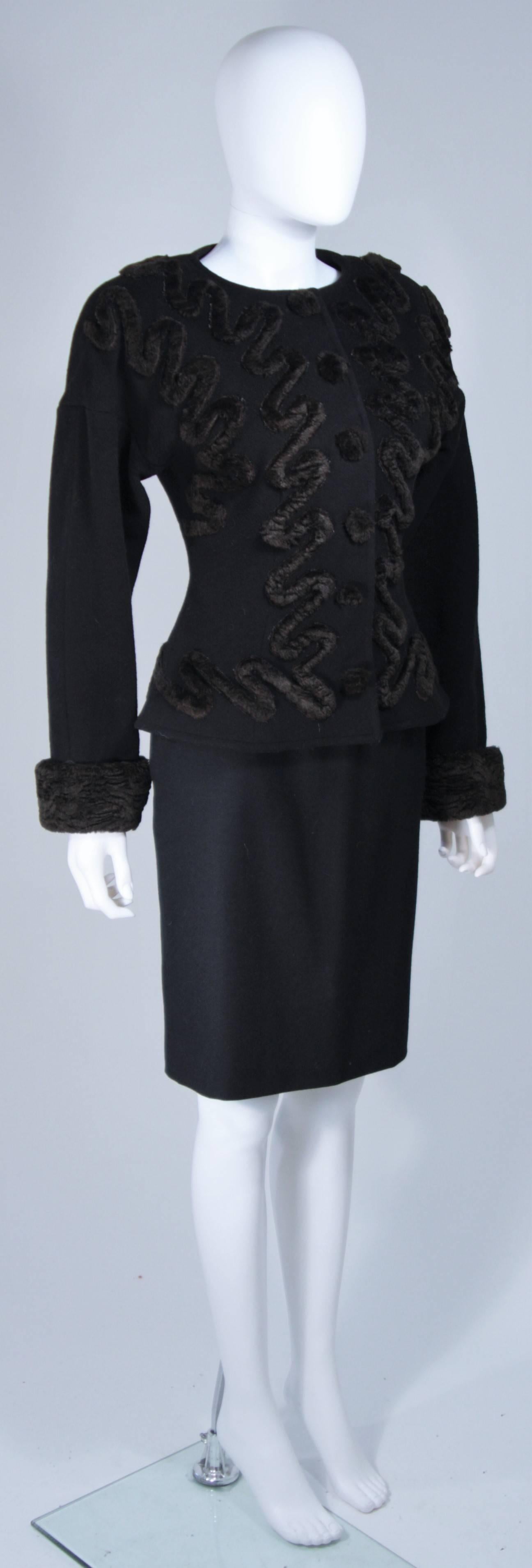 FENDI Circa 1980's Black Wool Skirt Suit with Faux Fur Applique Size 40 For Sale 1