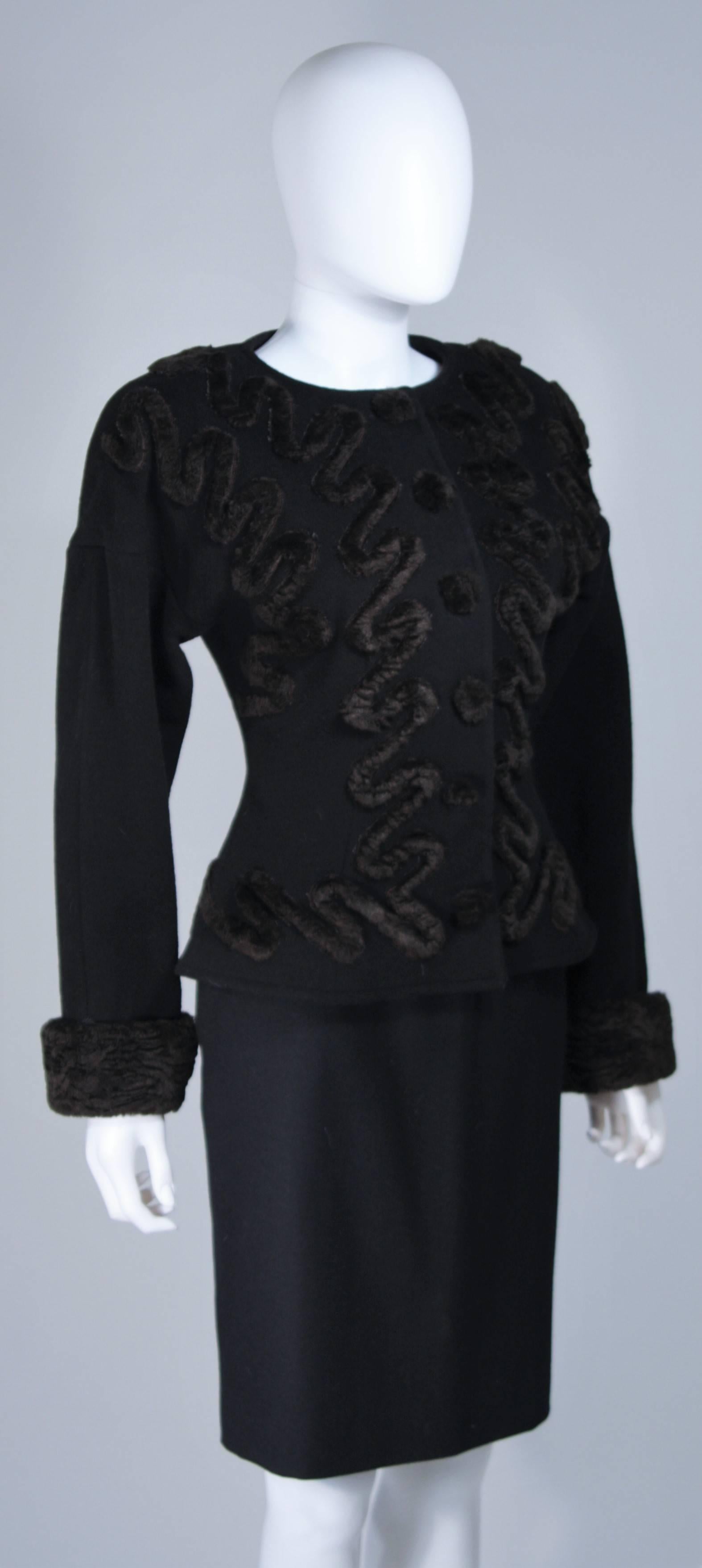 FENDI Circa 1980's Black Wool Skirt Suit with Faux Fur Applique Size 40 For Sale 2