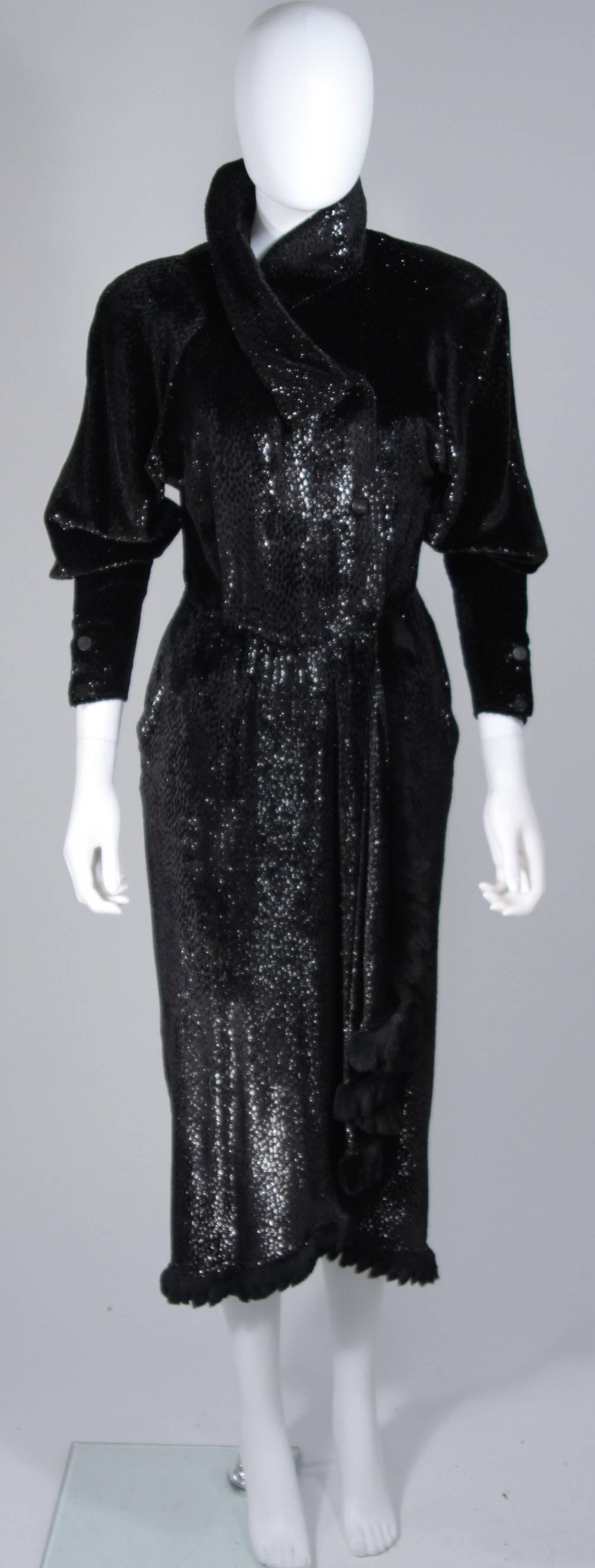   This Fendi cocktail dress is composed of a black shiny velvet like fabric. The wrap style features front closures with sheared mink trim and a draped skirt. Side pockets. In excellent vintage condition. 

**Please cross-reference measurements