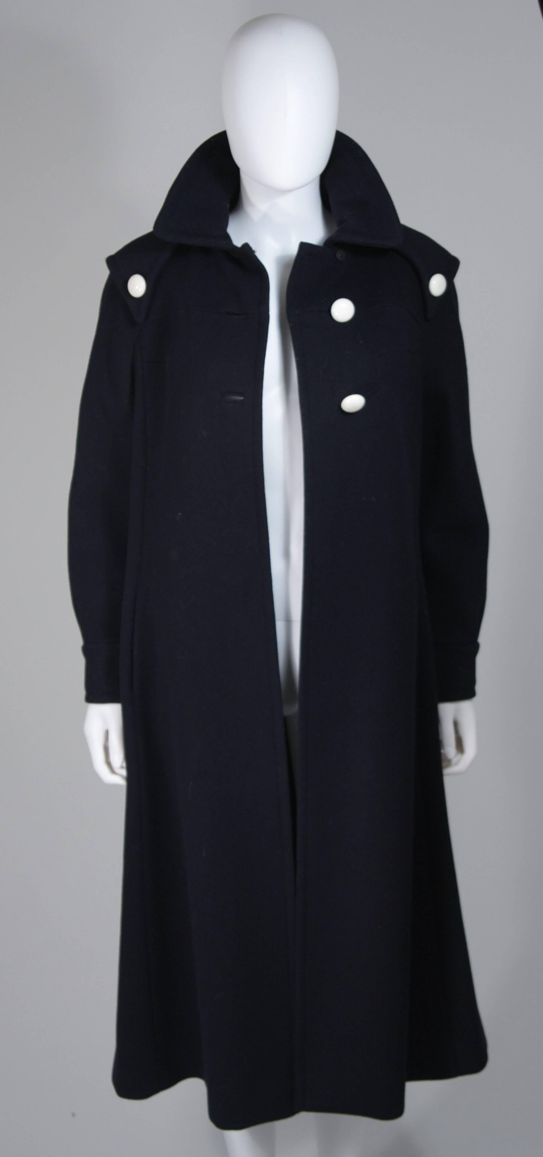 Women's CUDDLE COAT 1980's Attributed Navy Wool Coat with White Button Detail Size 6-8 For Sale