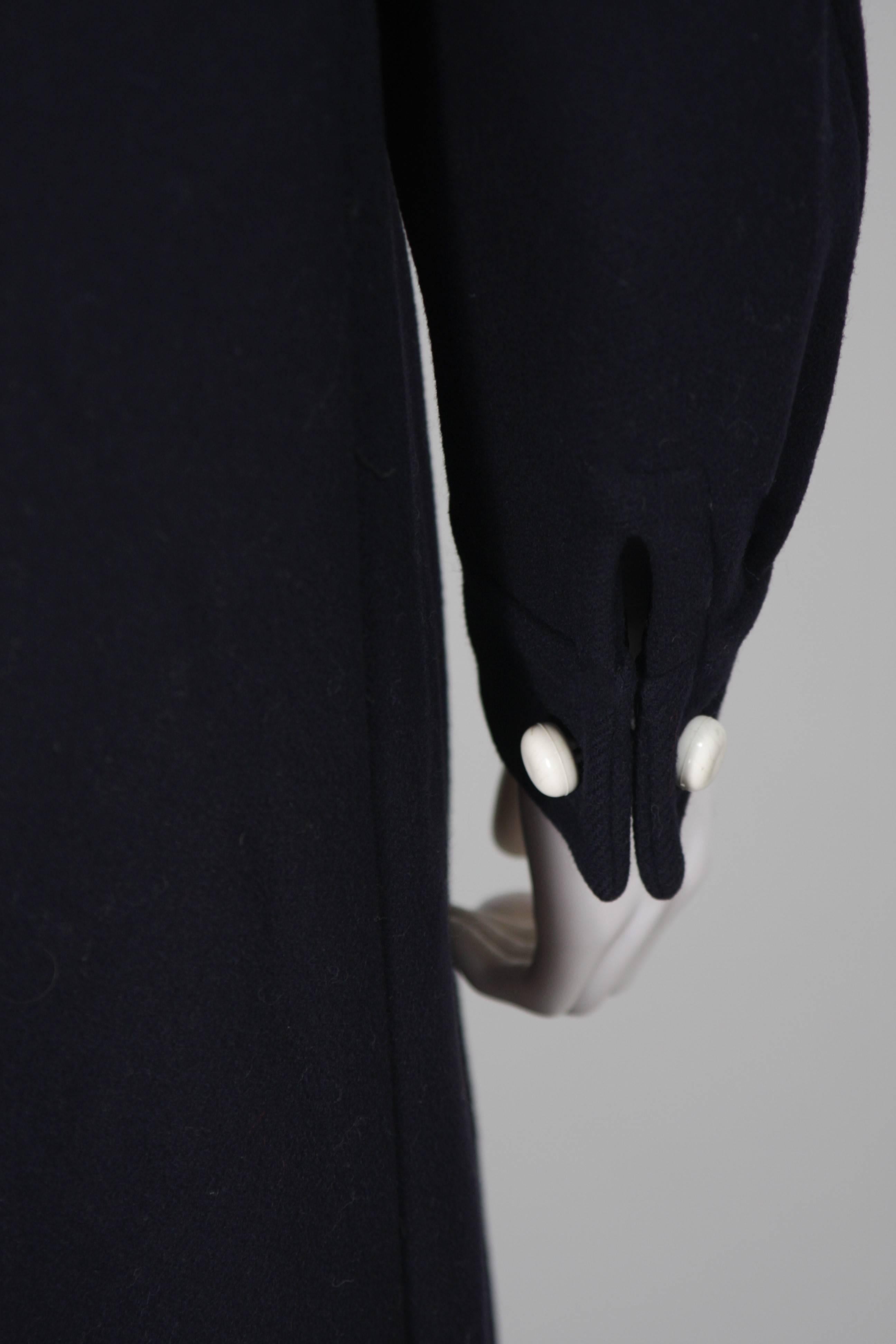 CUDDLE COAT 1980's Attributed Navy Wool Coat with White Button Detail Size 6-8 For Sale 4