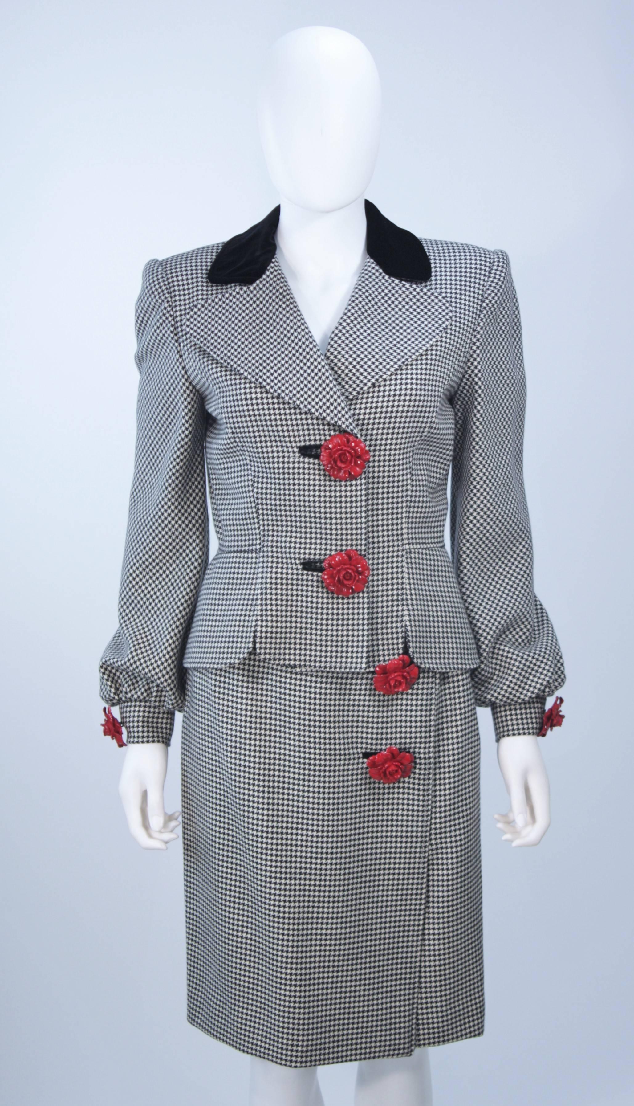 Gray VALENTINO 1980's Rose Button Black and White Houndstooth Skirt Suit Size 8