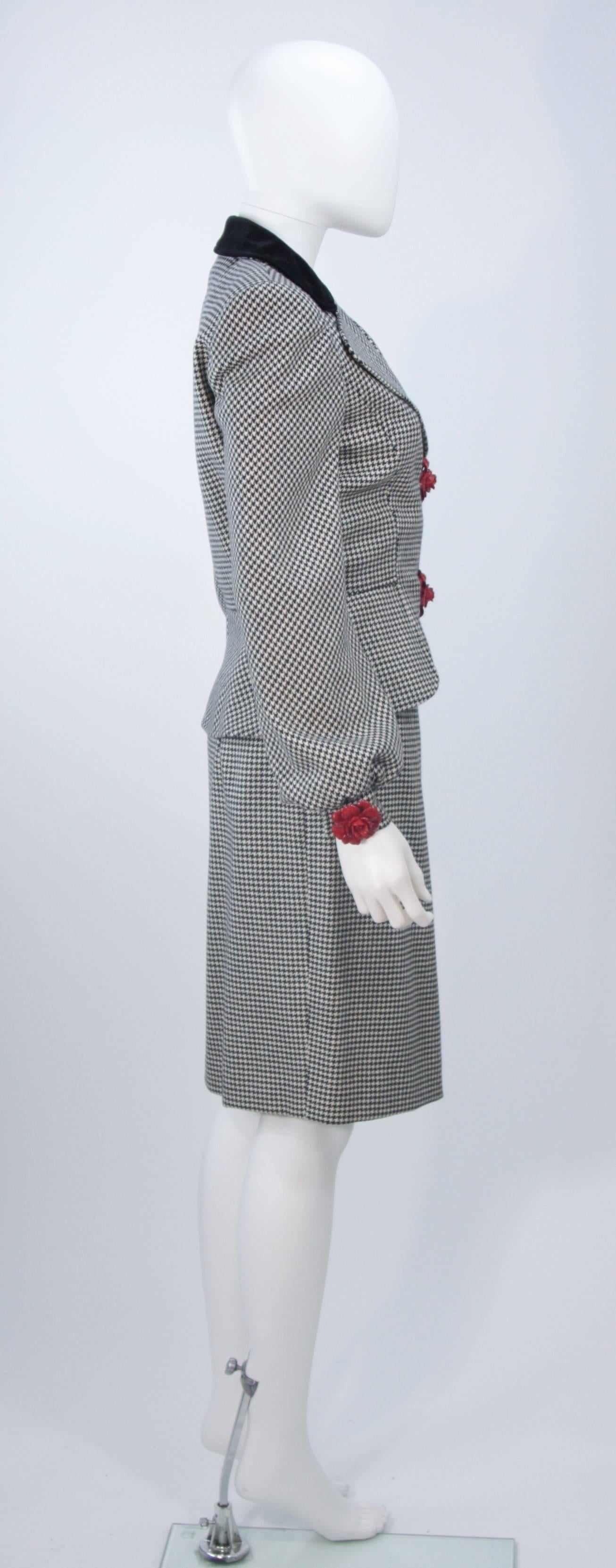 VALENTINO 1980's Rose Button Black and White Houndstooth Skirt Suit Size 8 1