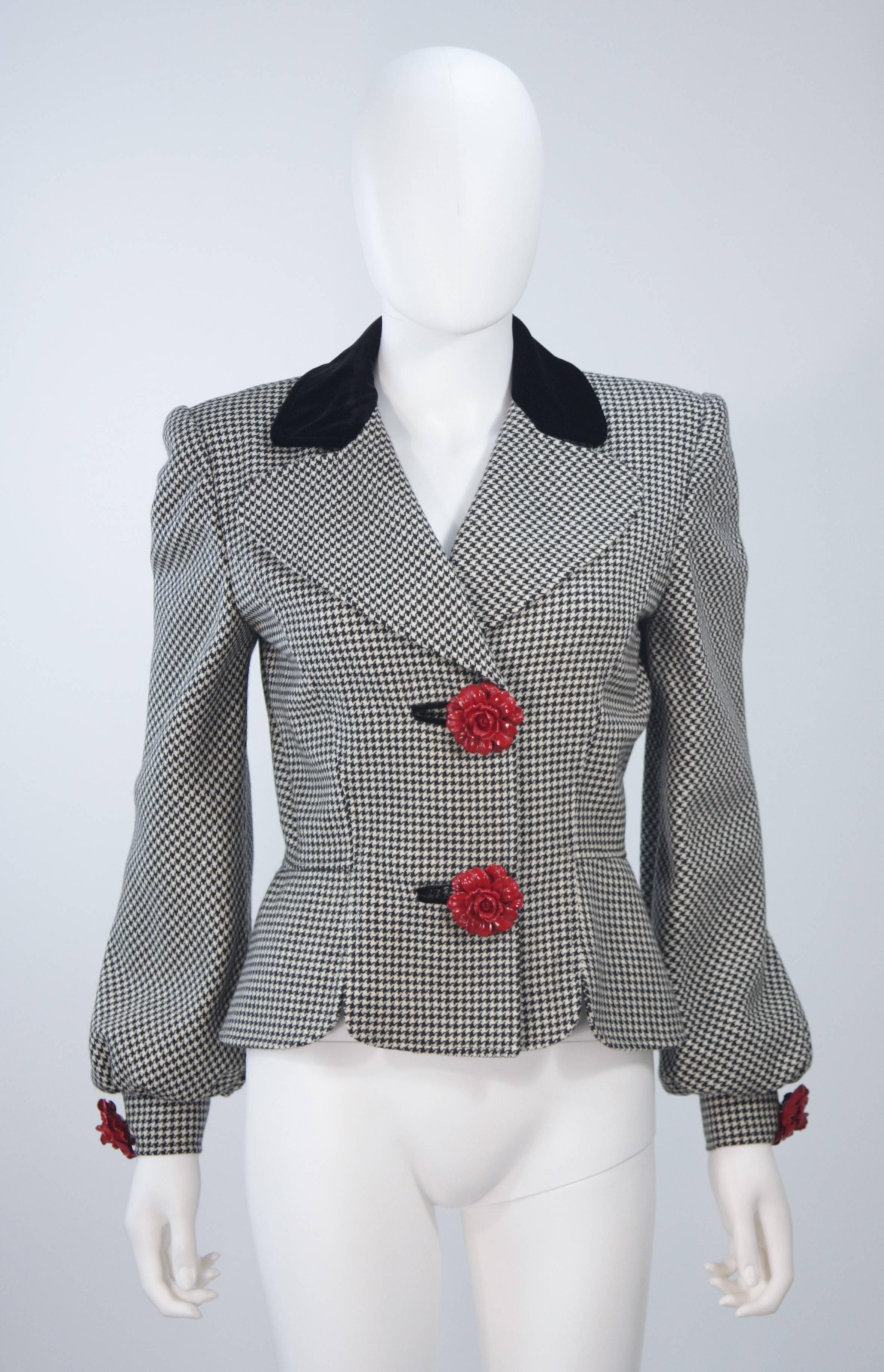 VALENTINO 1980's Rose Button Black and White Houndstooth Skirt Suit Size 8 3
