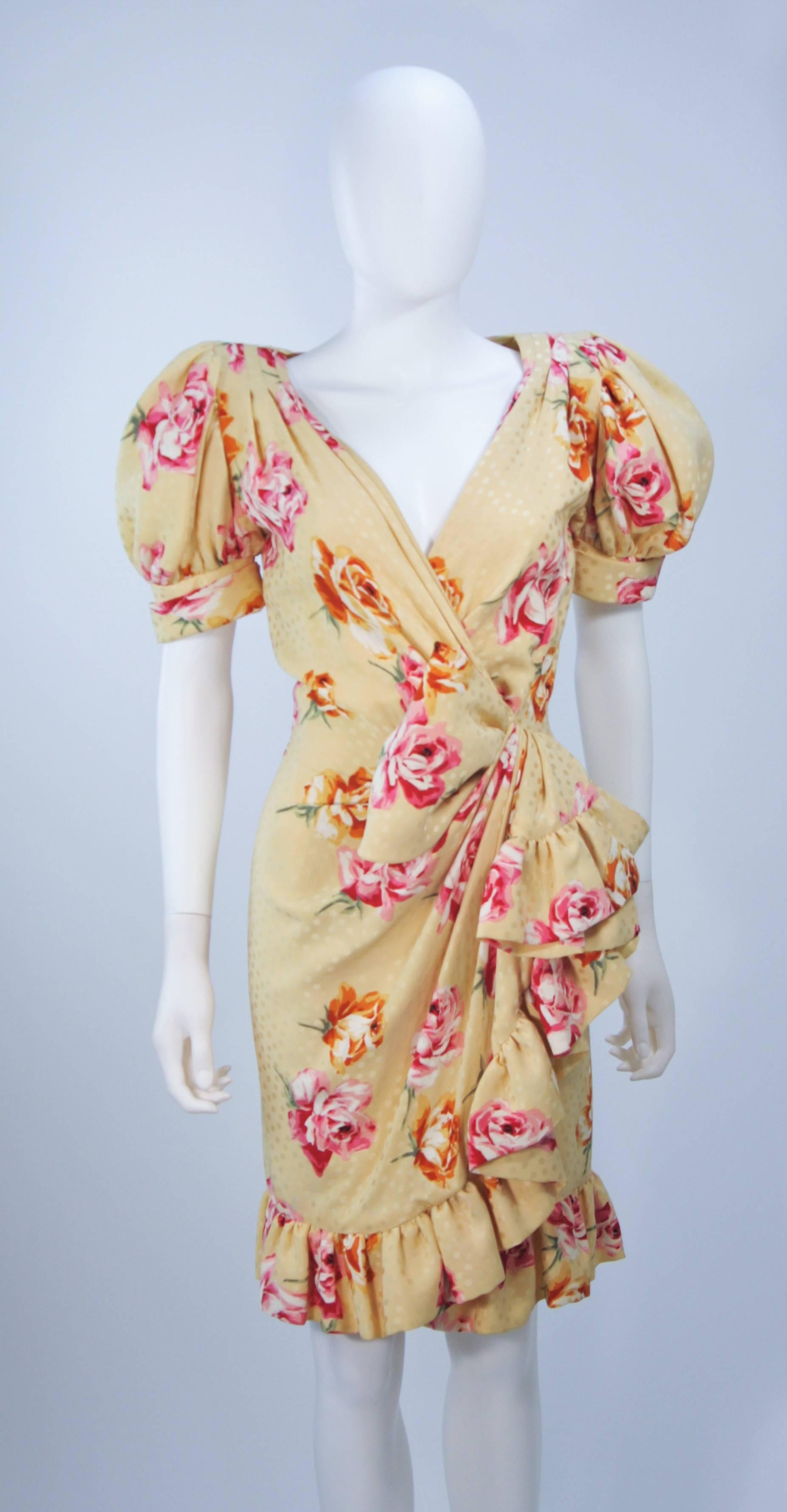 Beige ANDREA ODICINI 1980s Yellow Silk Floral Print Dress with Large Bow Size 4-6