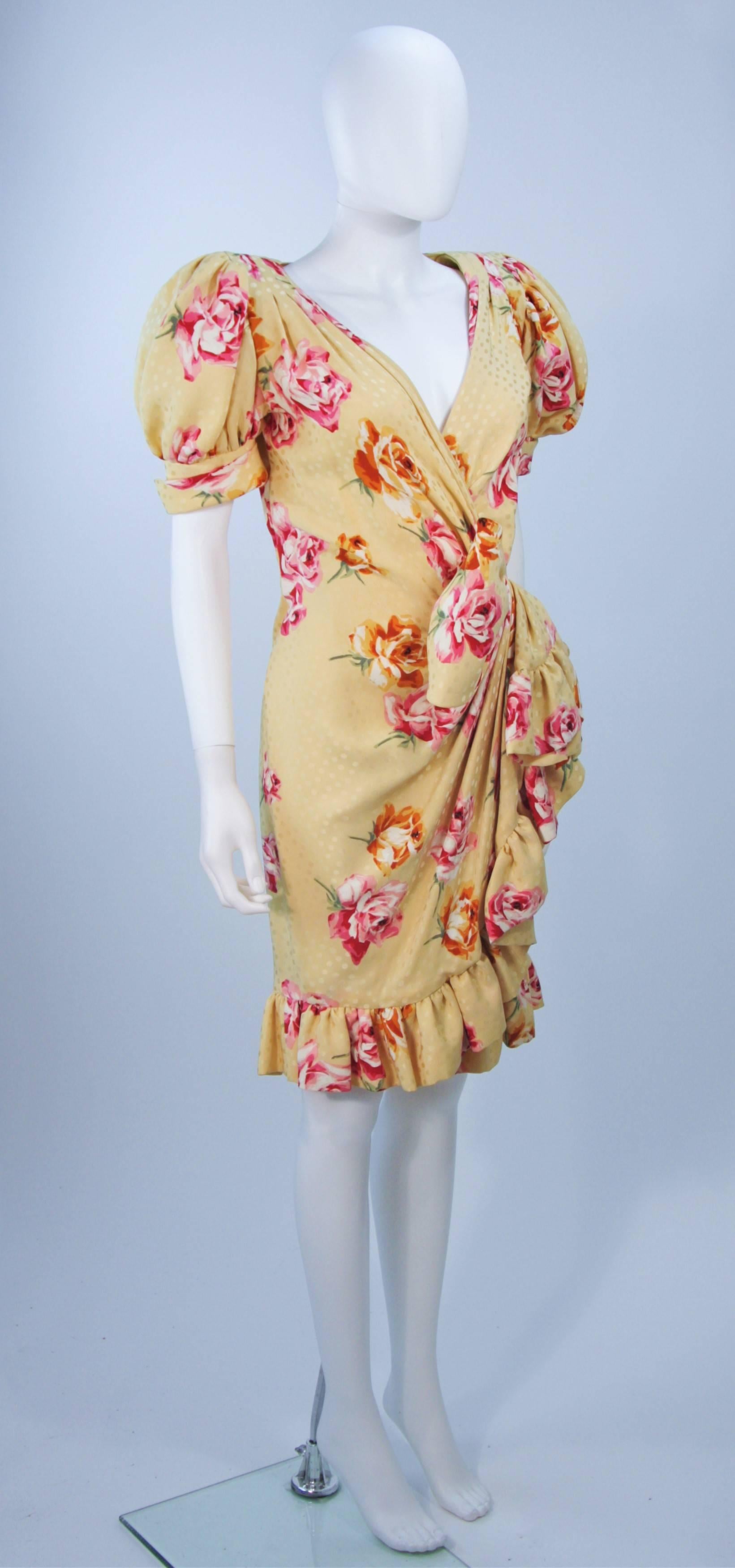Women's ANDREA ODICINI 1980s Yellow Silk Floral Print Dress with Large Bow Size 4-6