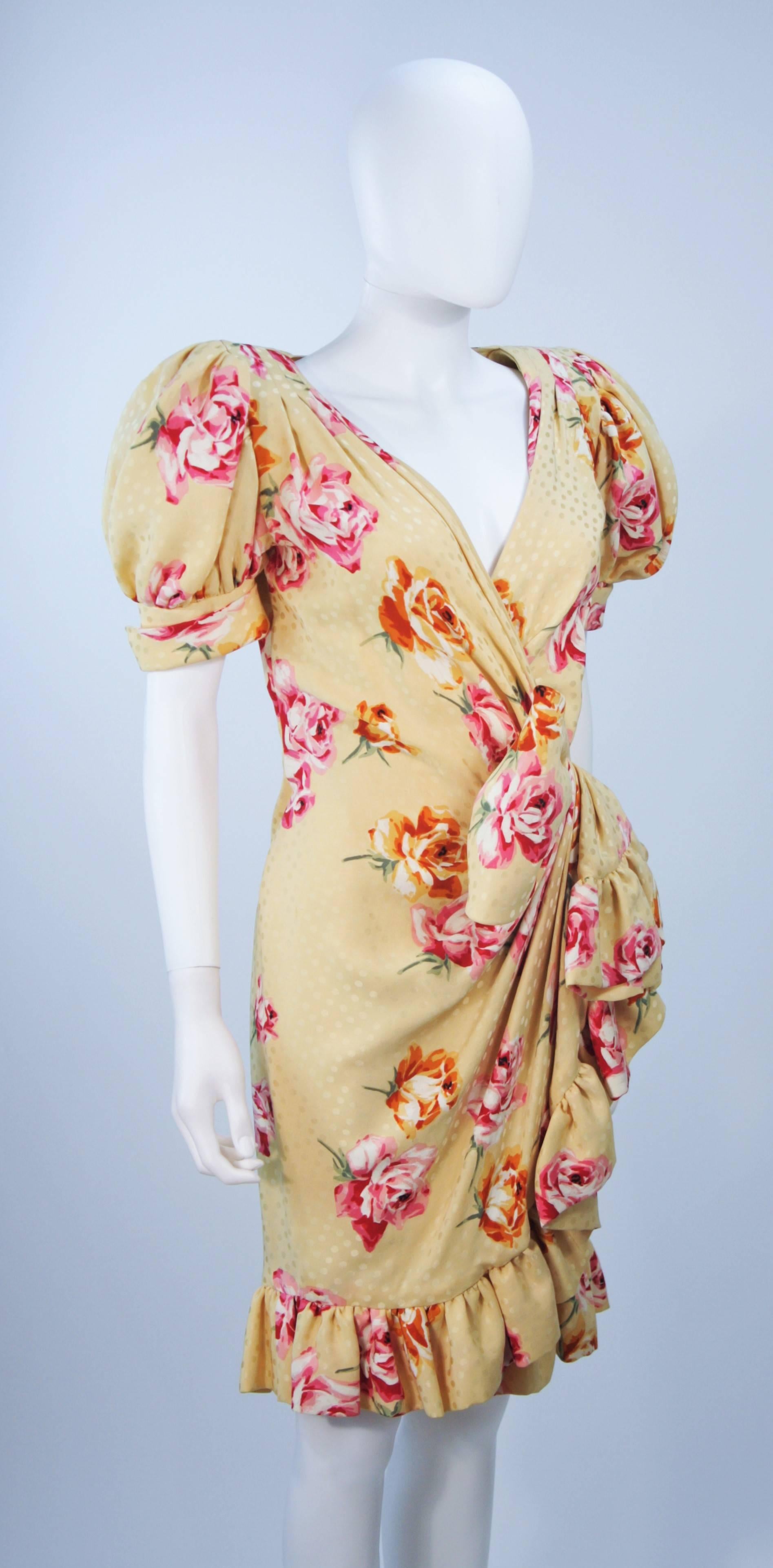 ANDREA ODICINI 1980s Yellow Silk Floral Print Dress with Large Bow Size 4-6 1