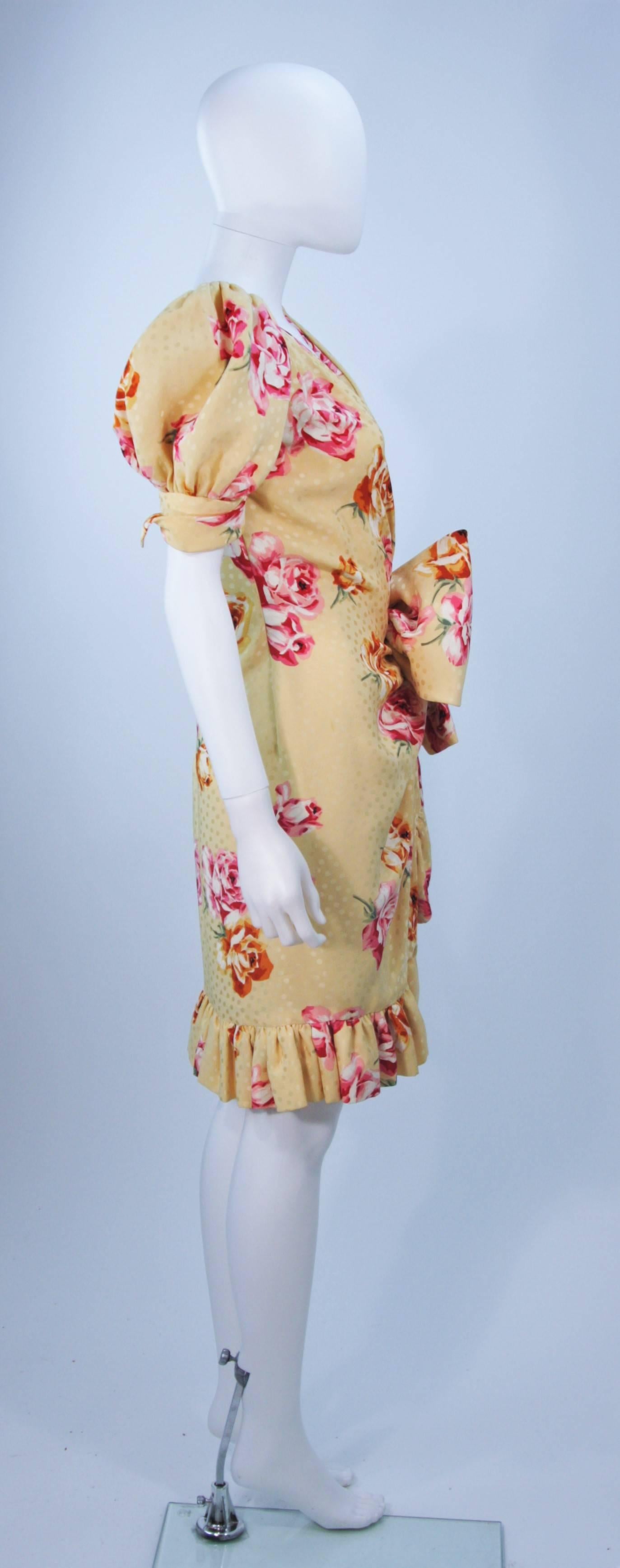 ANDREA ODICINI 1980s Yellow Silk Floral Print Dress with Large Bow Size 4-6 2