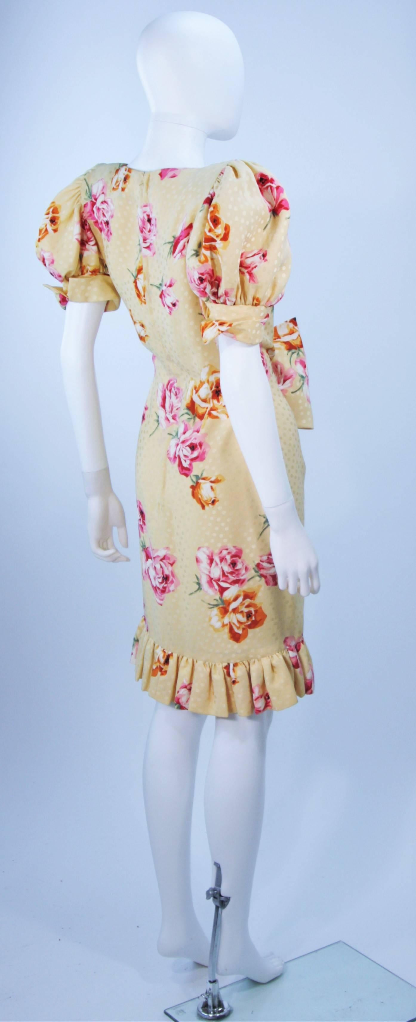 ANDREA ODICINI 1980s Yellow Silk Floral Print Dress with Large Bow Size 4-6 3