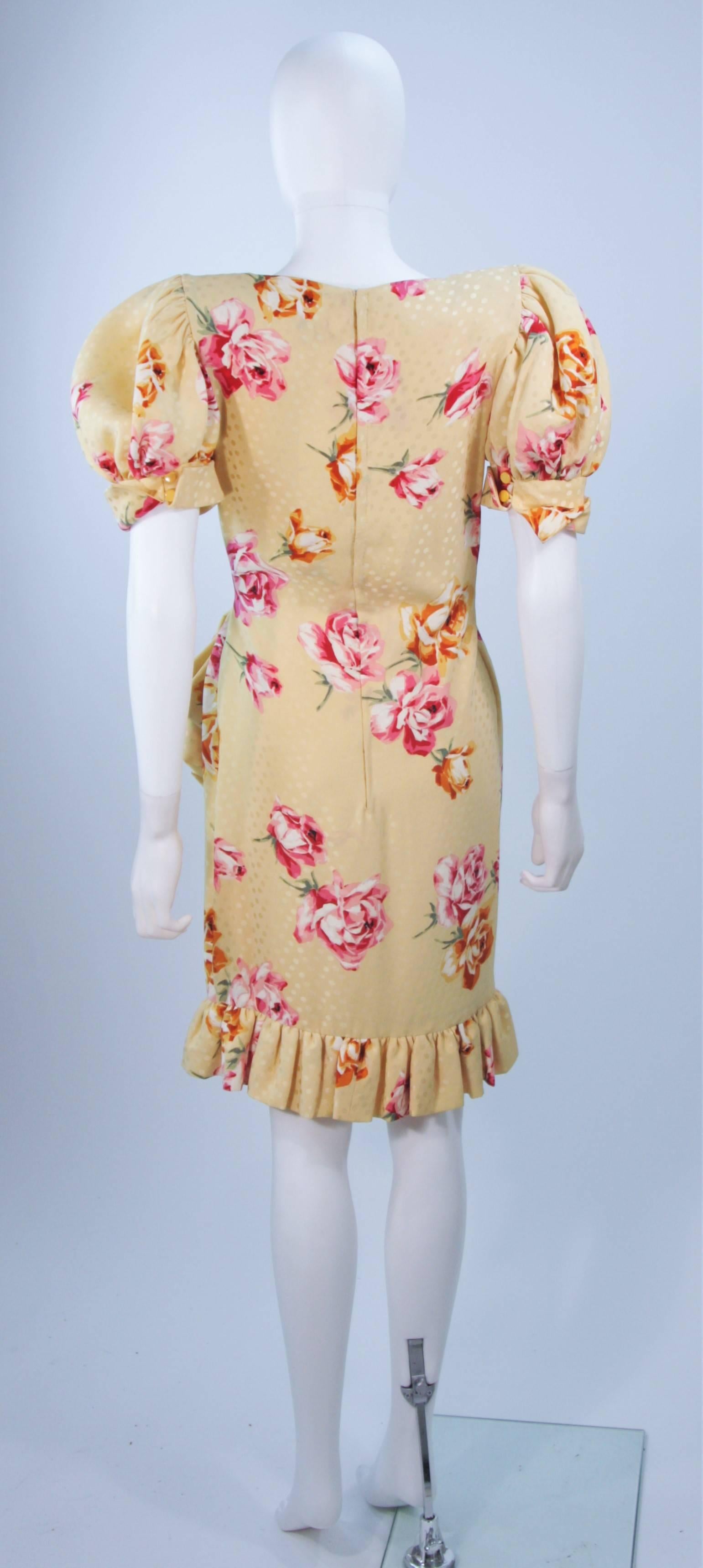 ANDREA ODICINI 1980s Yellow Silk Floral Print Dress with Large Bow Size 4-6 4