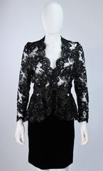 TRAVILLA Black Sequin Lace Skirt Suit with Satin Bow Belt Size 2-4