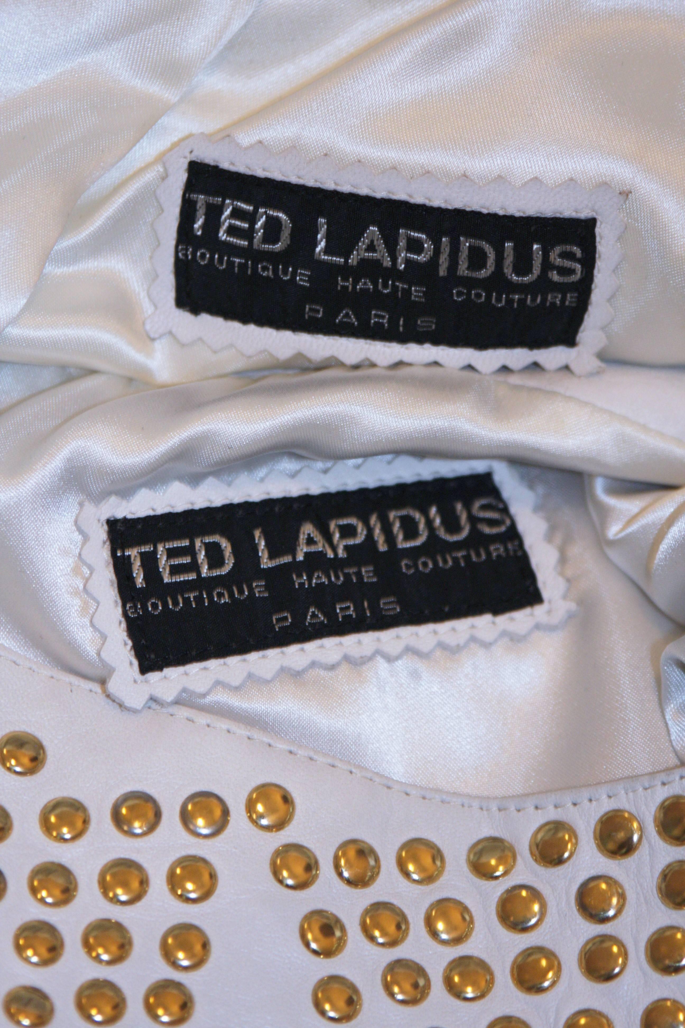 TED LAPIDUS Two Piece Off White Leather Short Set with Gold Studs Size 4 5
