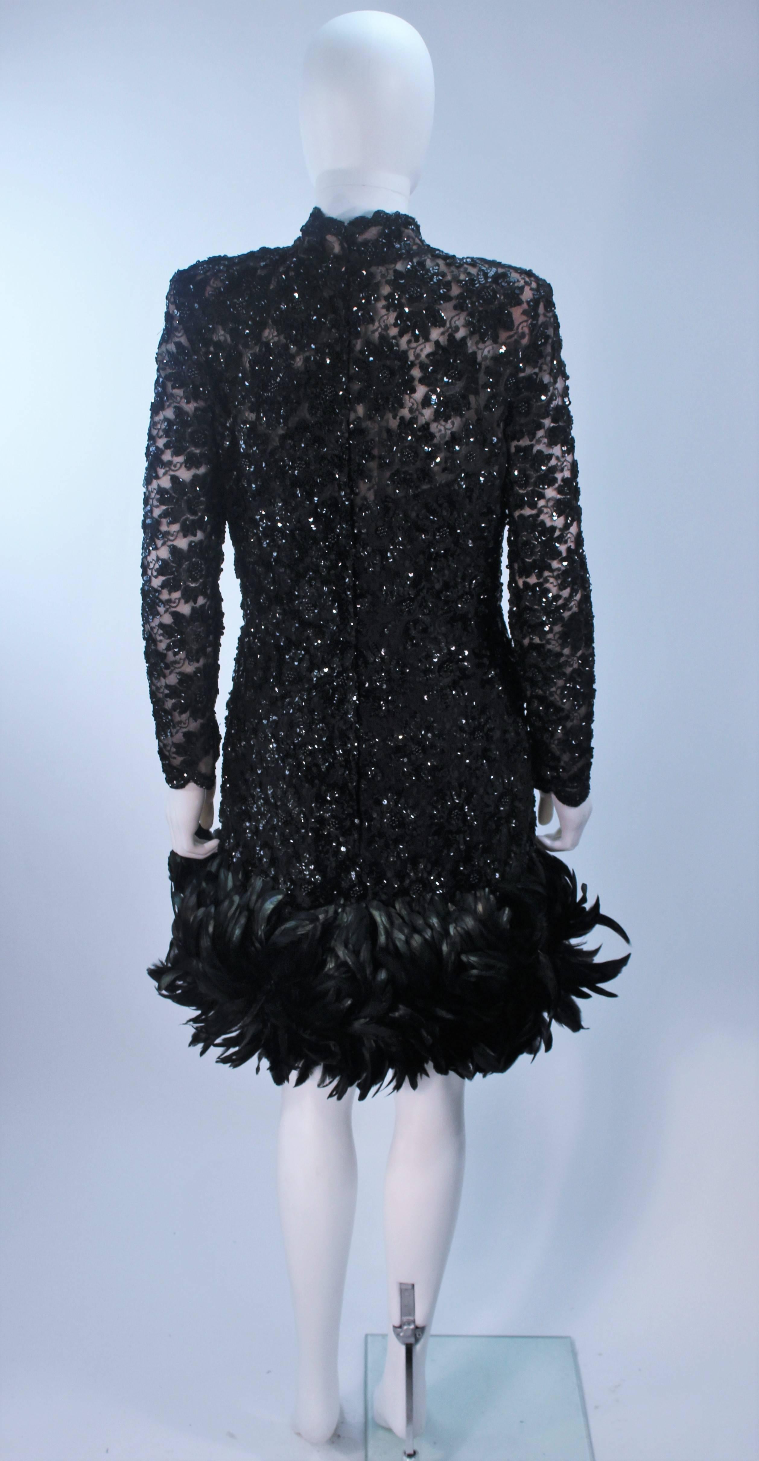 TRAVILLA Black Beaded Lace Cocktail Dress with Feather Trim Size 4-6 3