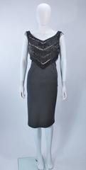 SYDNEY NORTH 1970's Grey Stretch Knit Cocktail Dress with Beaded Fringe Size 8