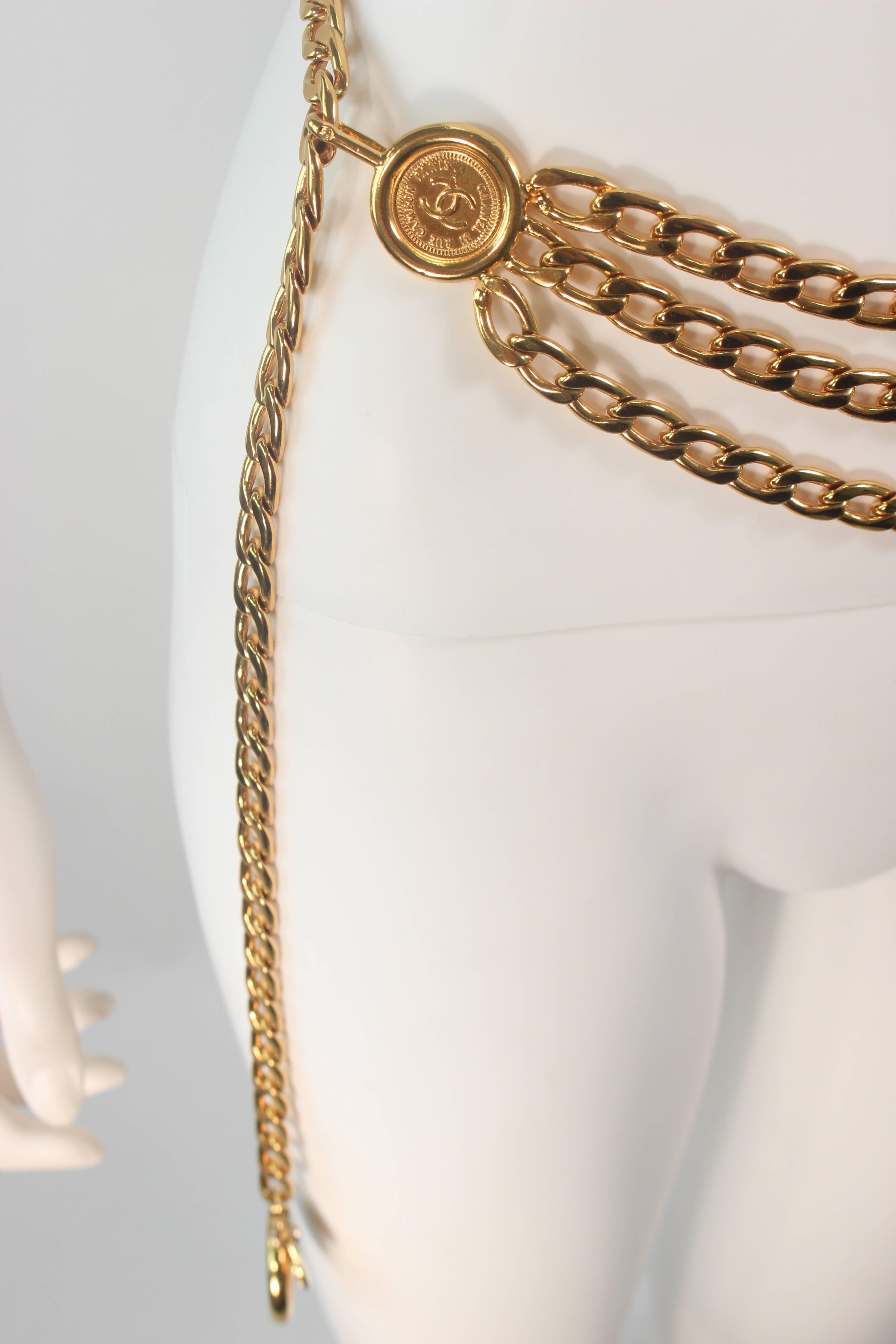 Women's CHANEL 1991 Gold Tone Triple Strand Detail Chain Link Belt Necklace Open Size