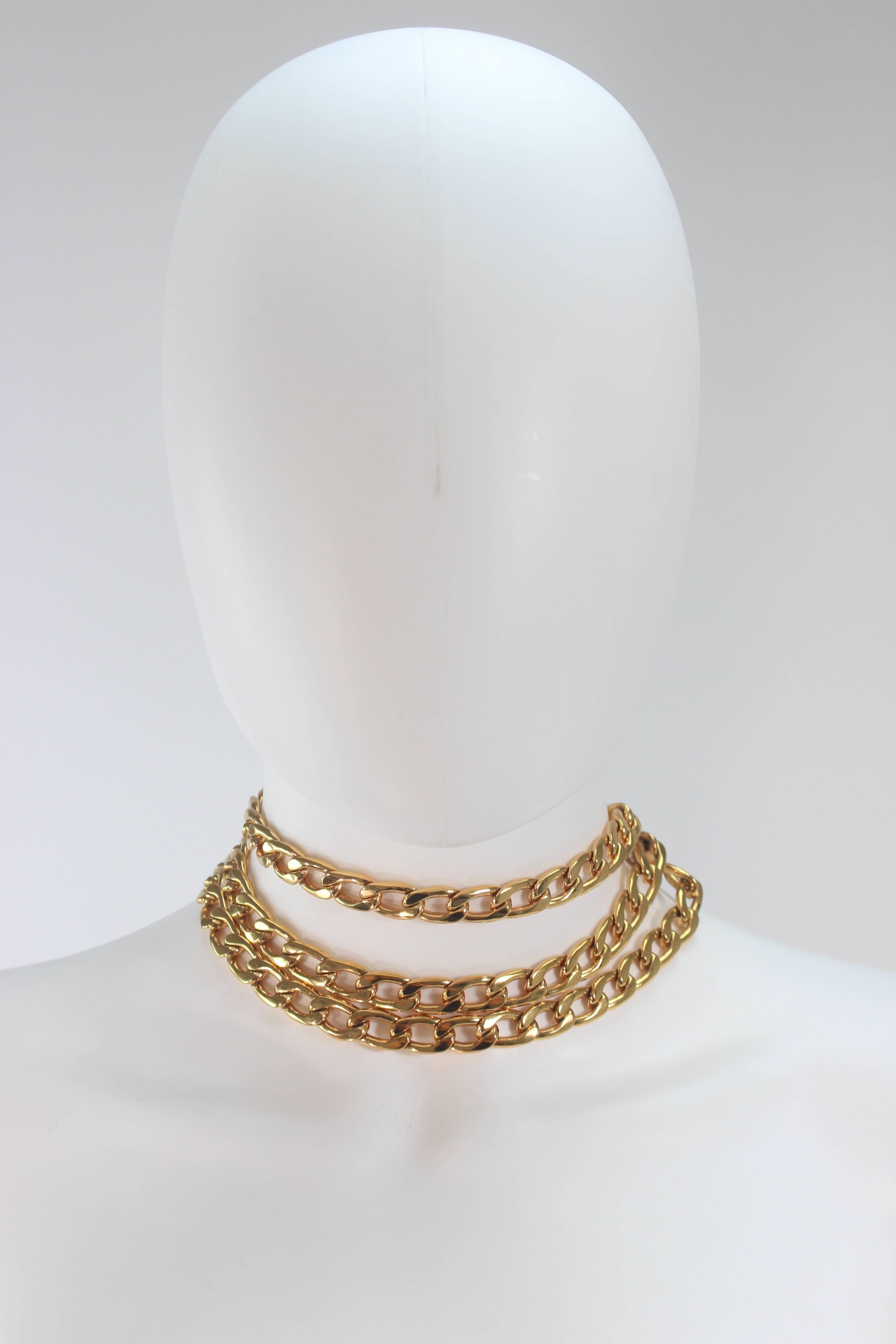 CHANEL 1991 Gold Tone Triple Strand Detail Chain Link Belt Necklace Open Size 5
