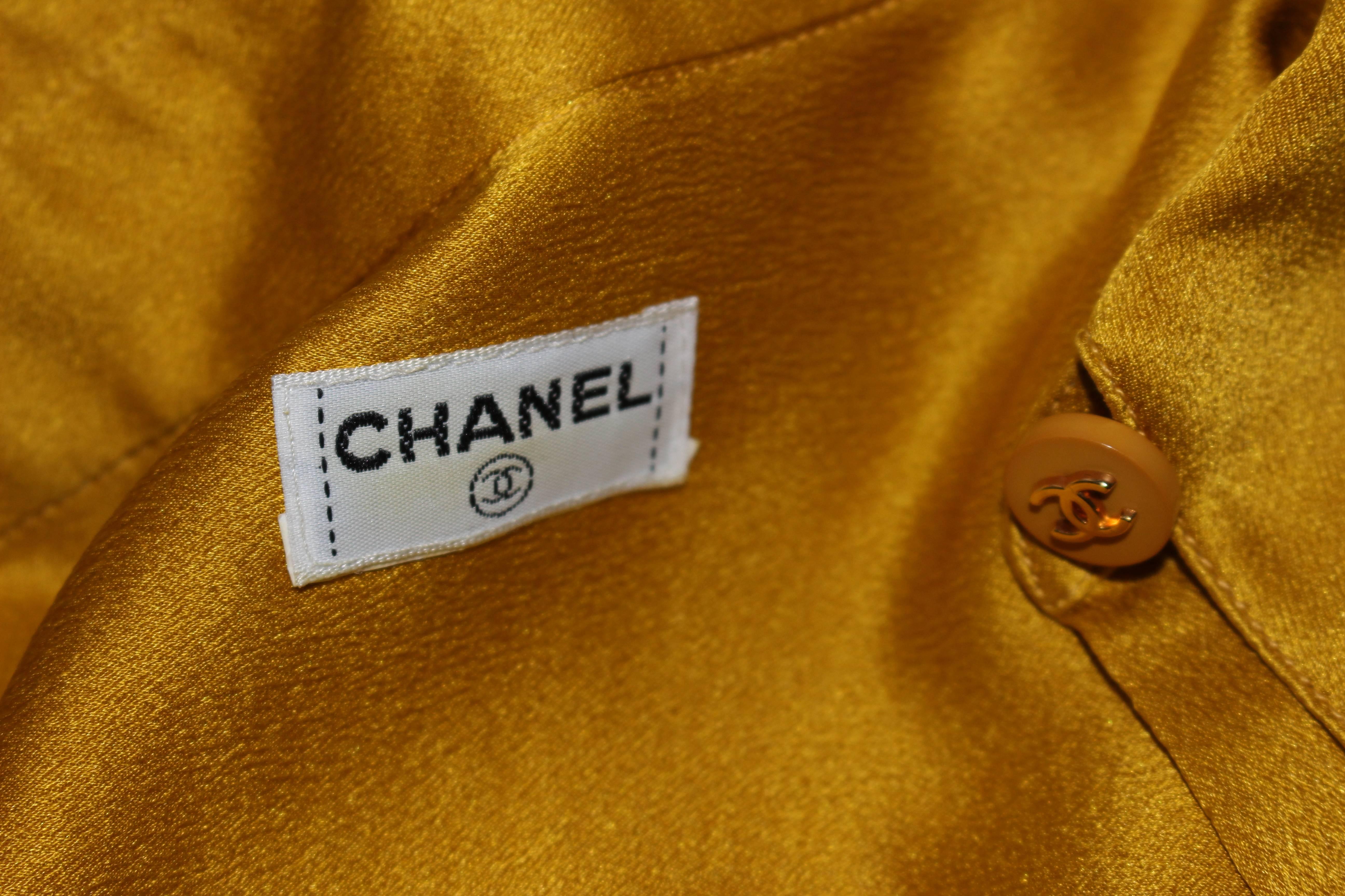 CHANEL Mustard Silk Top Stitch Button Up Blouse Size 6 5