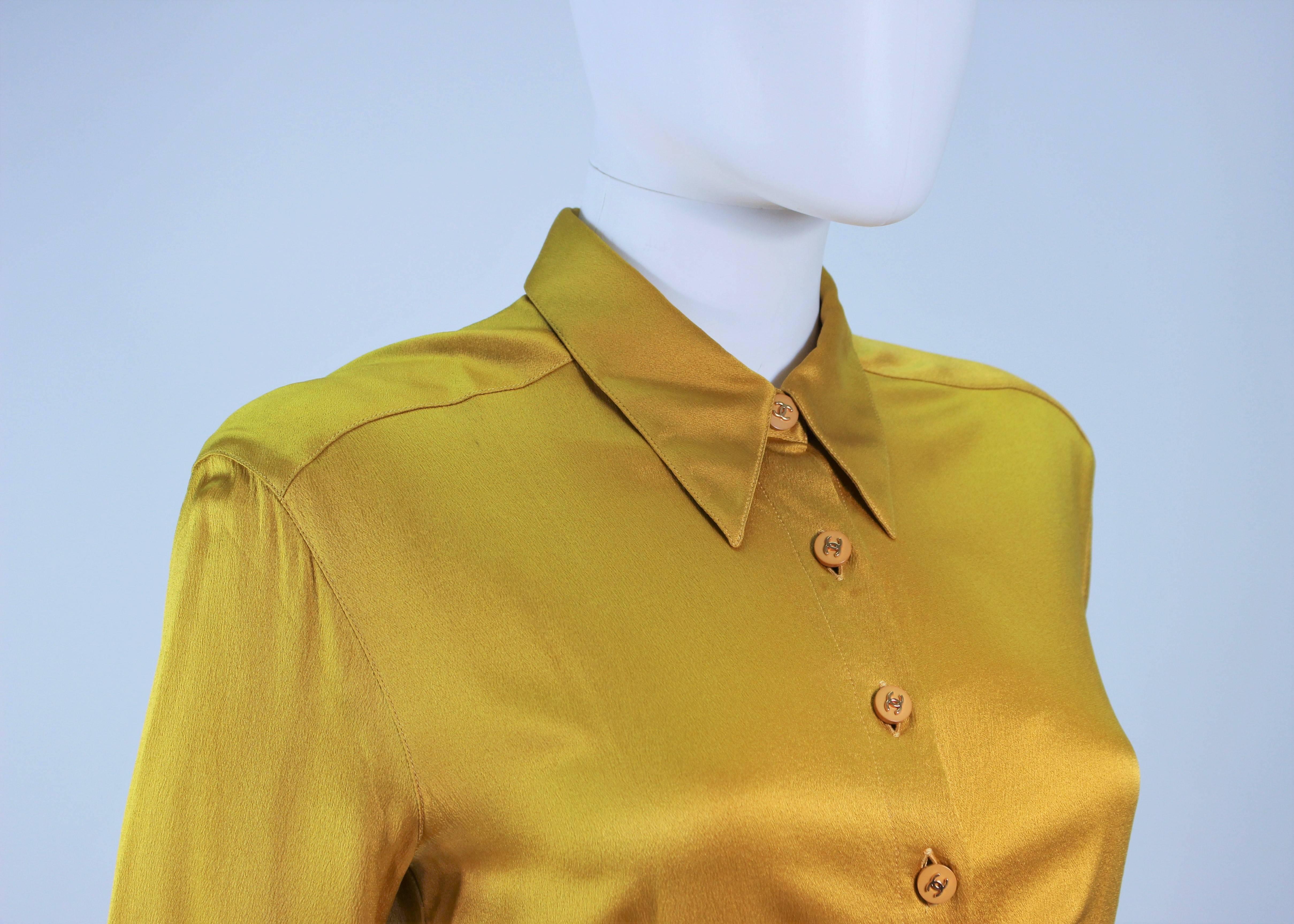 Women's CHANEL Mustard Silk Top Stitch Button Up Blouse Size 6