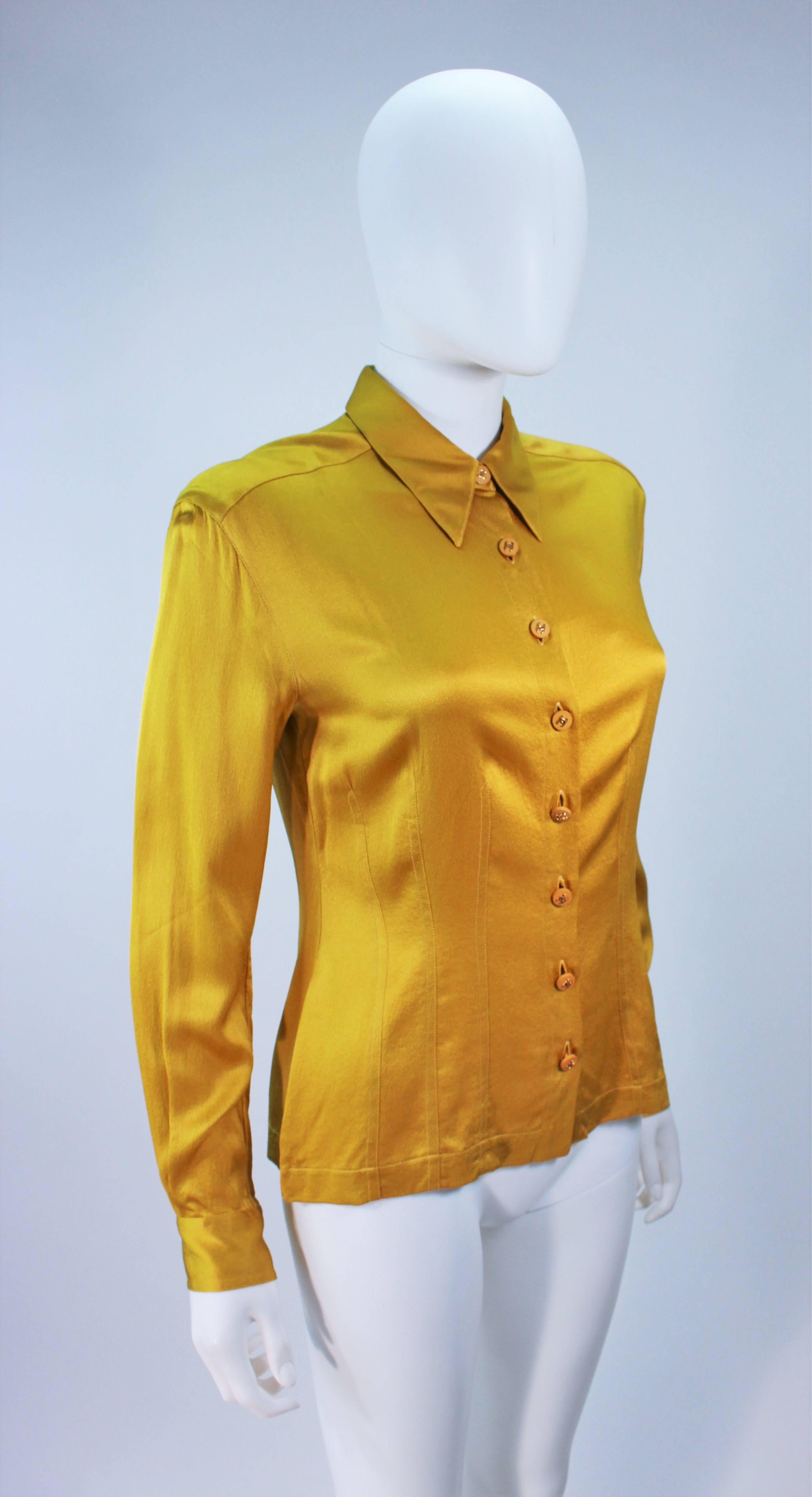CHANEL Mustard Silk Top Stitch Button Up Blouse Size 6 In Excellent Condition In Los Angeles, CA