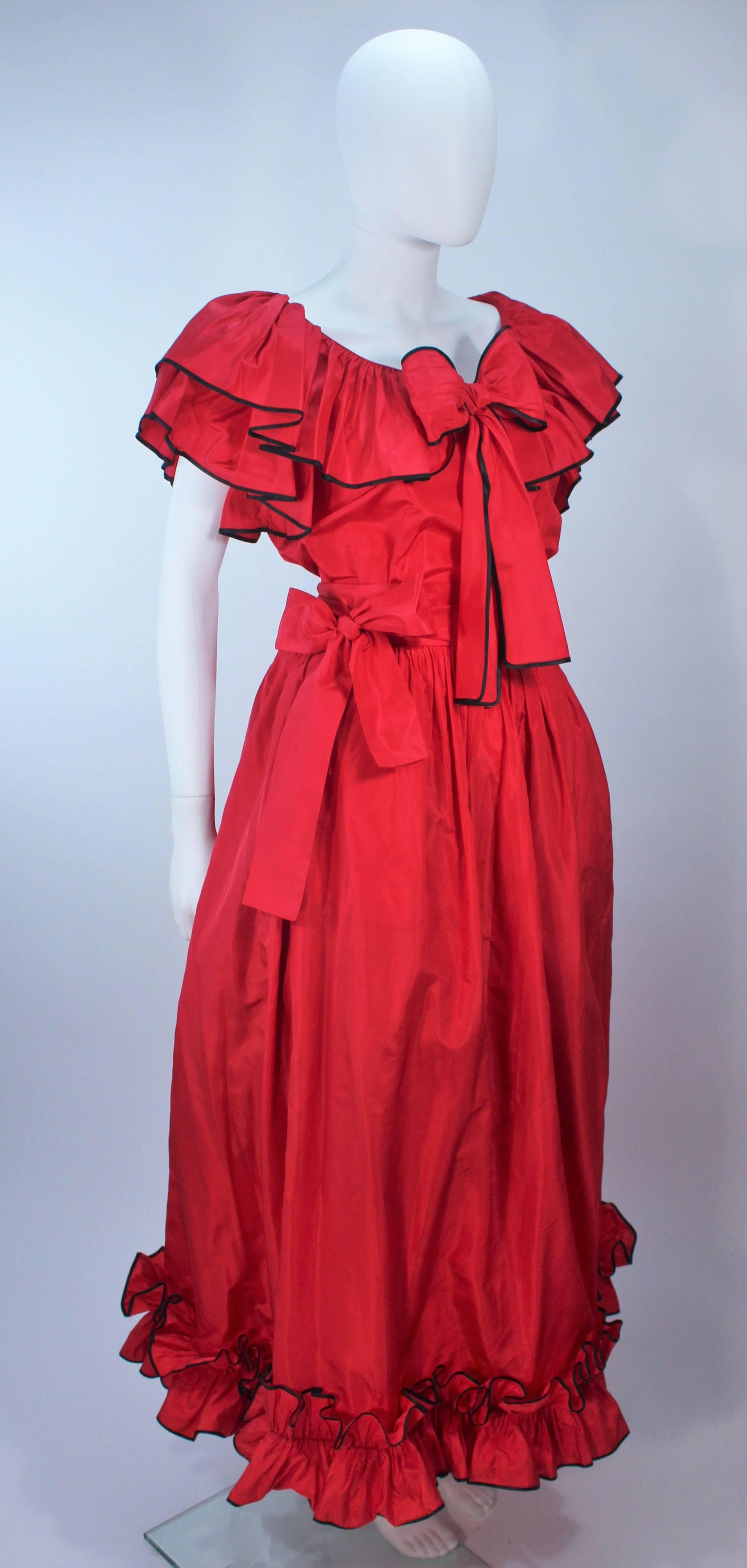 YVES SAINT LAURENT 1970's Red Satin Ruffled Ensemble with Black Trim Size 40 In Excellent Condition For Sale In Los Angeles, CA