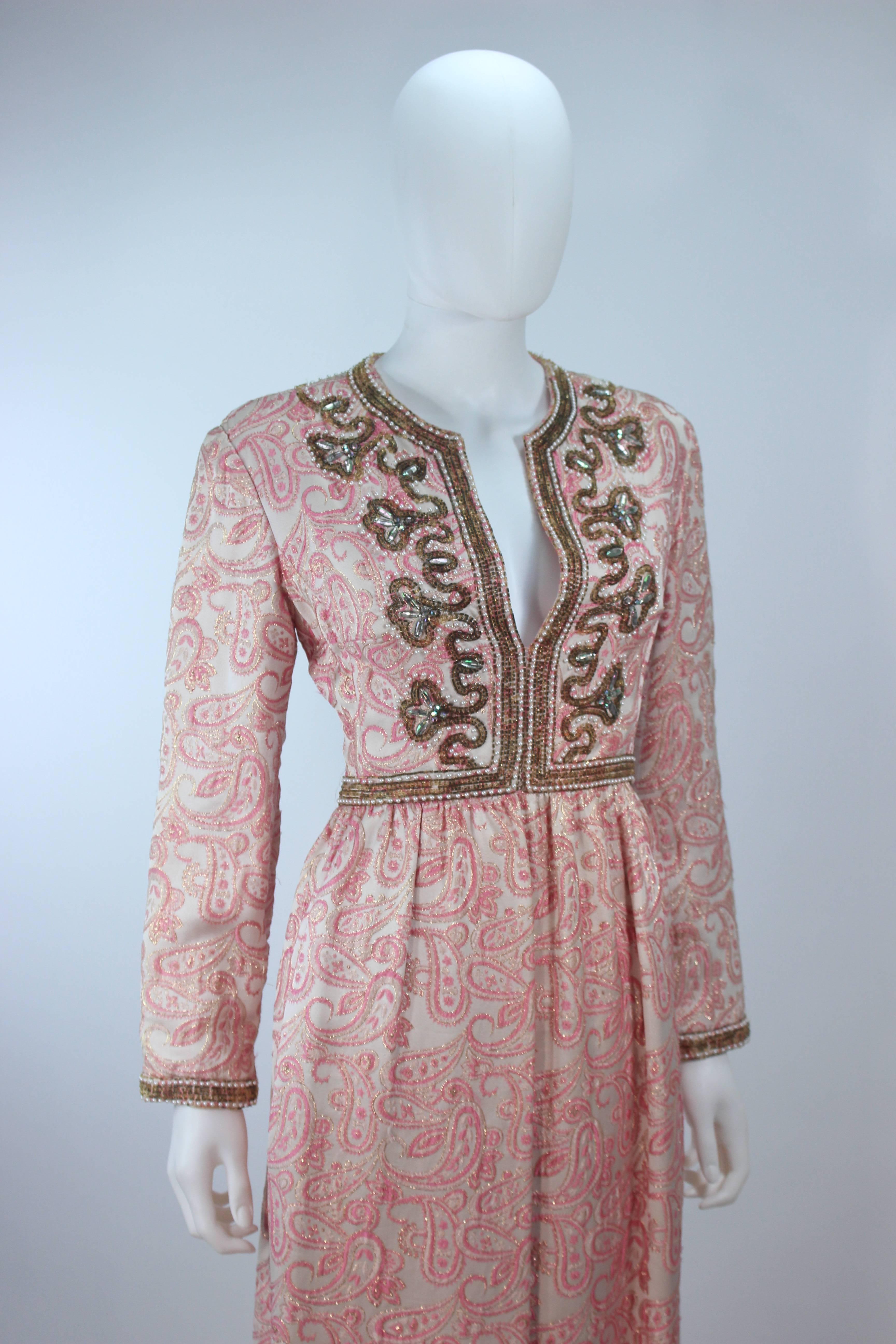 Women's CEIL CHAPMAN 1960's Pink Paisley Brocade Gown with Beaded Applique Size 6 8