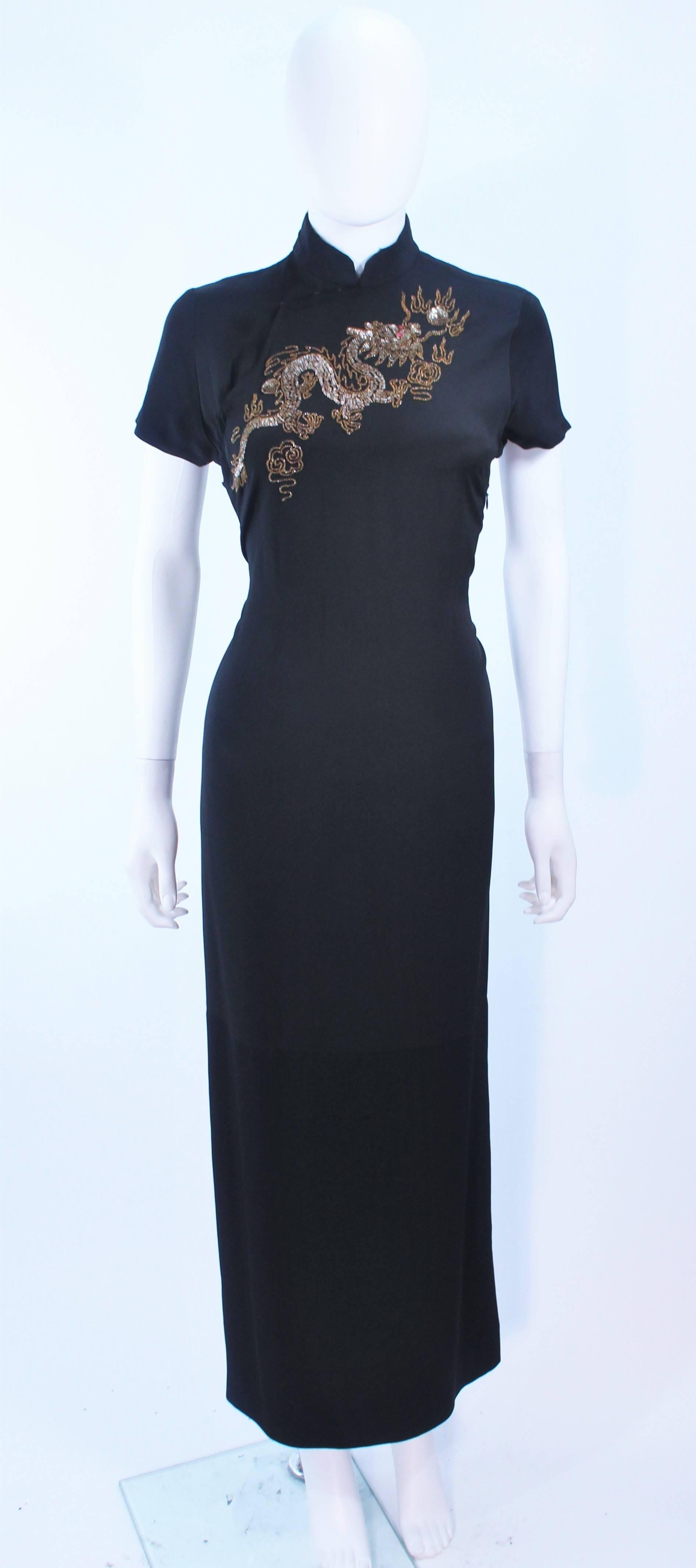 This vintage design is composed of a black silk and features a beaded dragon embellishment on the center front. Features a mandarin style collar with snaps and a side zipper closure. In excellent vintage condition.

**Please cross-reference