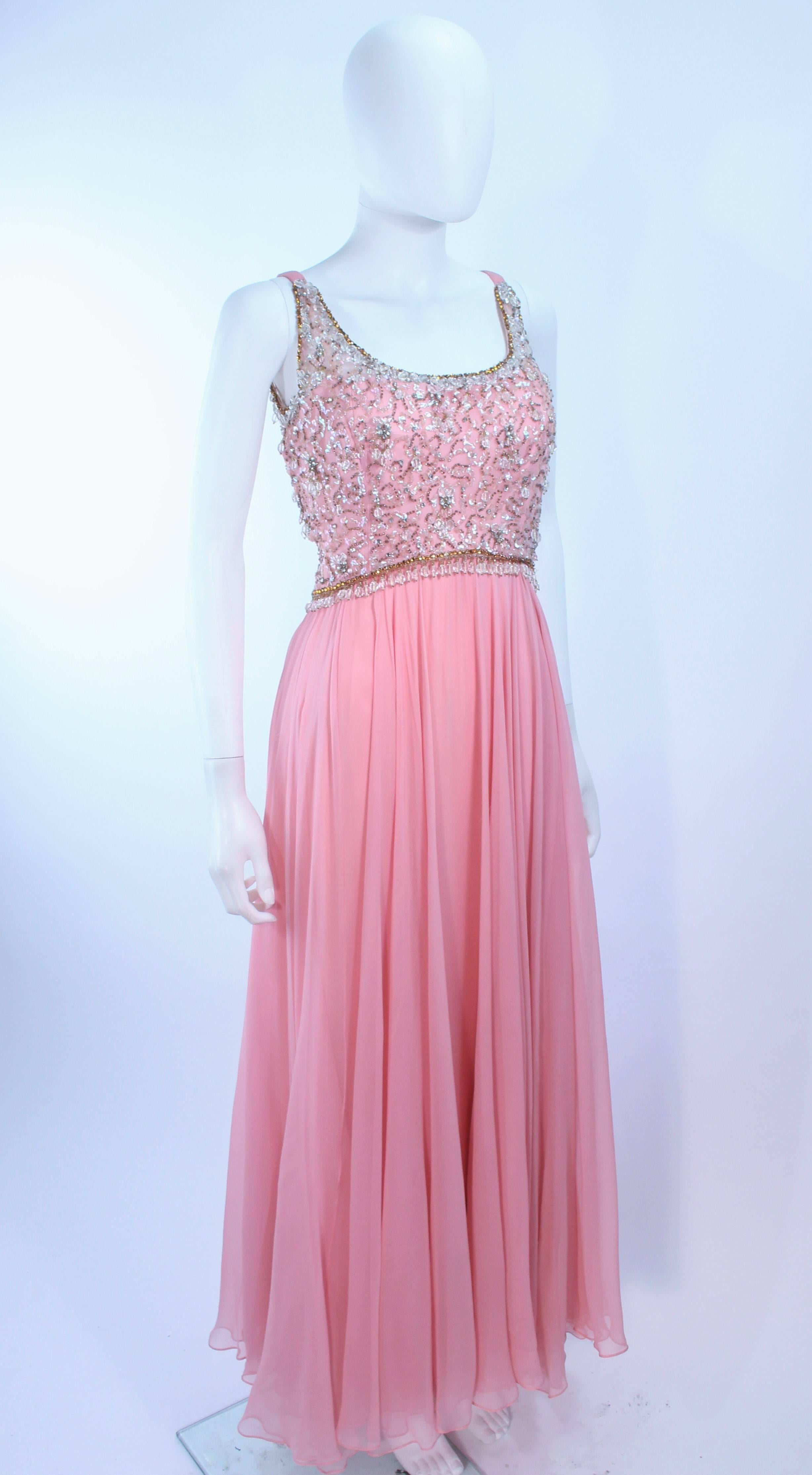 I. MAGNIN 1960's Hand Beaded Pink Chiffon Gown Size 4 In Excellent Condition For Sale In Los Angeles, CA