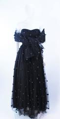 PAMELA DENNIS Attributed Black Mesh Gown with Rose Applique & Wrap Size 2 4