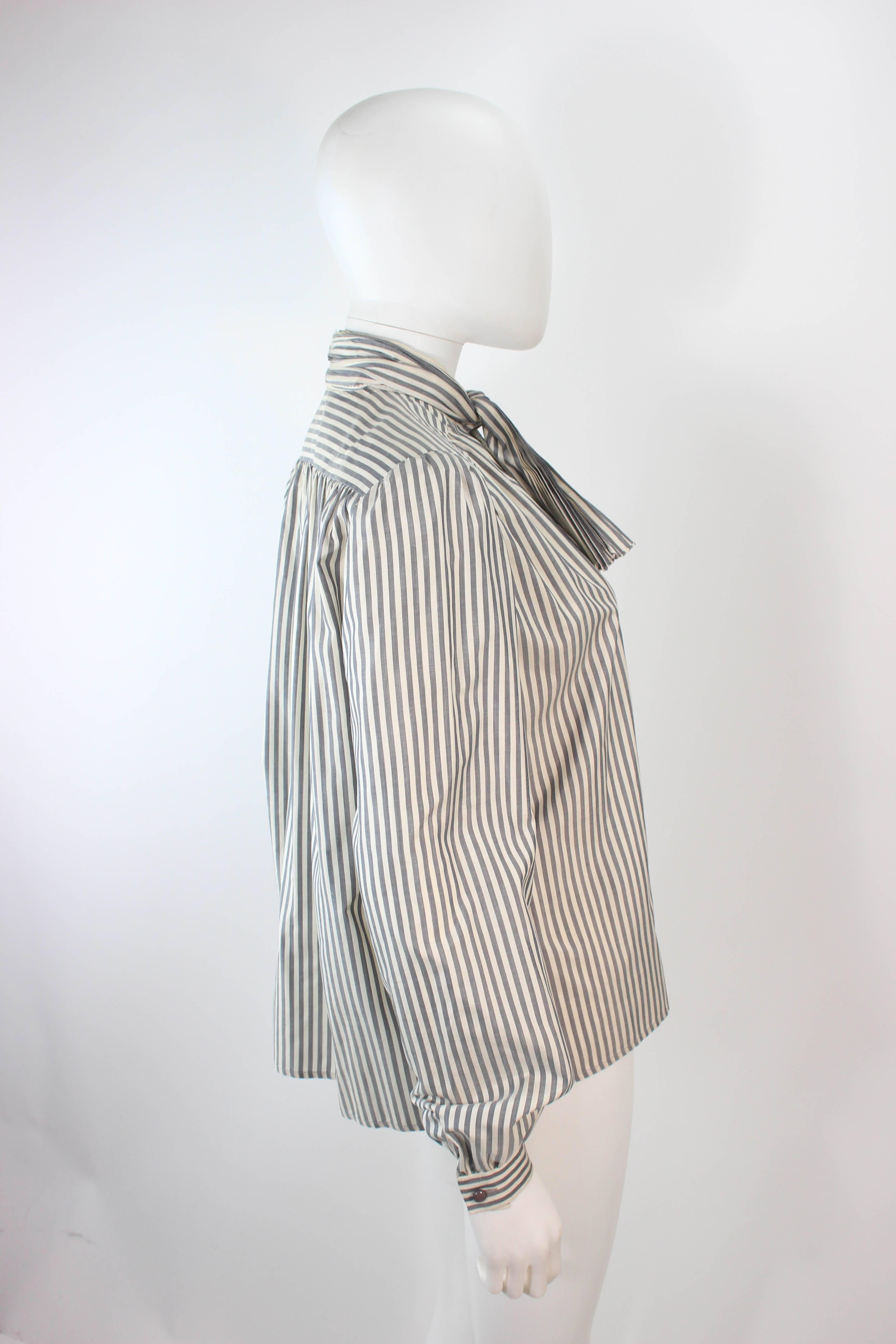 Women's VALENTINO Vintage Blue and White Pinstripe Blouse with Pleated Bow Size 6