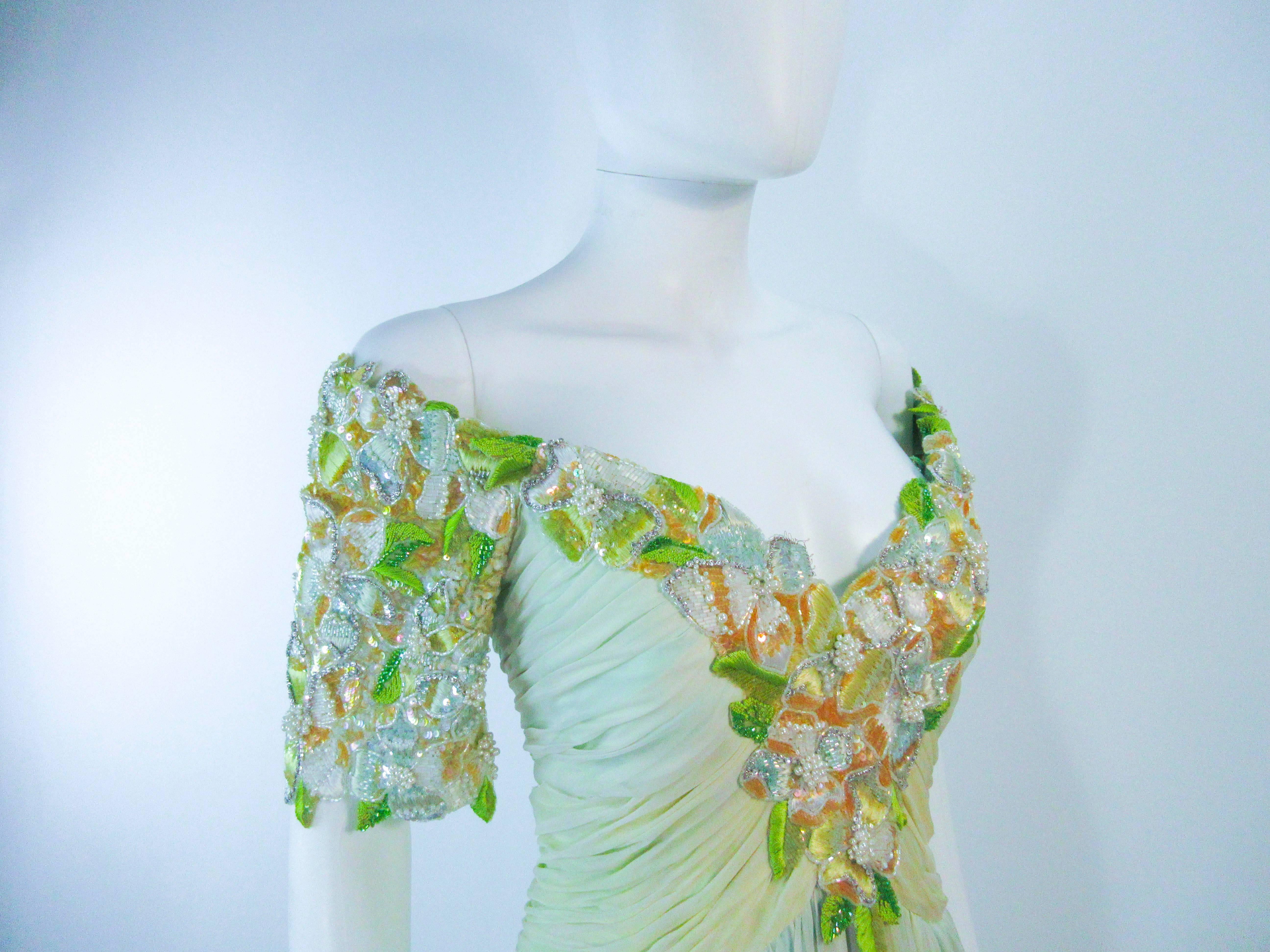 BOB MACKIE Green Chiffon Flower Embellished Gown Size 2 4 In Good Condition For Sale In Los Angeles, CA