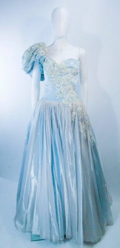 NOLAN MILLER Sky Blue Gown with One Shoulder and Floral Applique Size 2 4