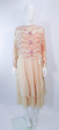 MAGGY REEVES Nude Silk Chiffon 2pc Gown Ensemble with Sequins & Beading Size 4