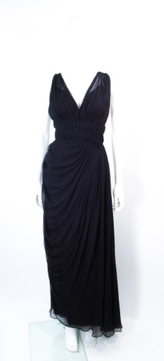 Helen Rose, abito in chiffon di seta nero con drappeggio e vita impero, taglia 2 4