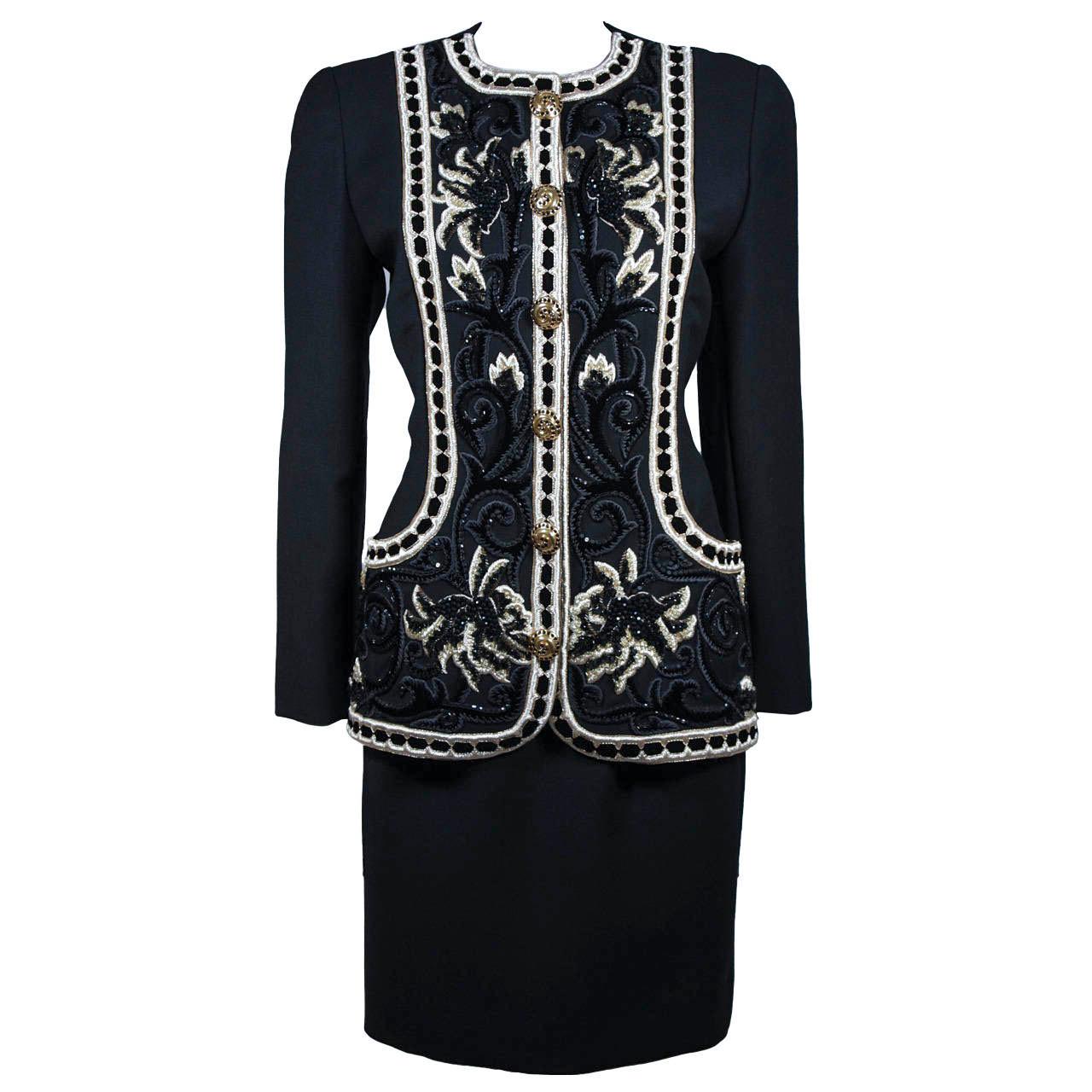 Oscar De La Renta Couture Embellished Black Wool Skirt Suit  For Sale